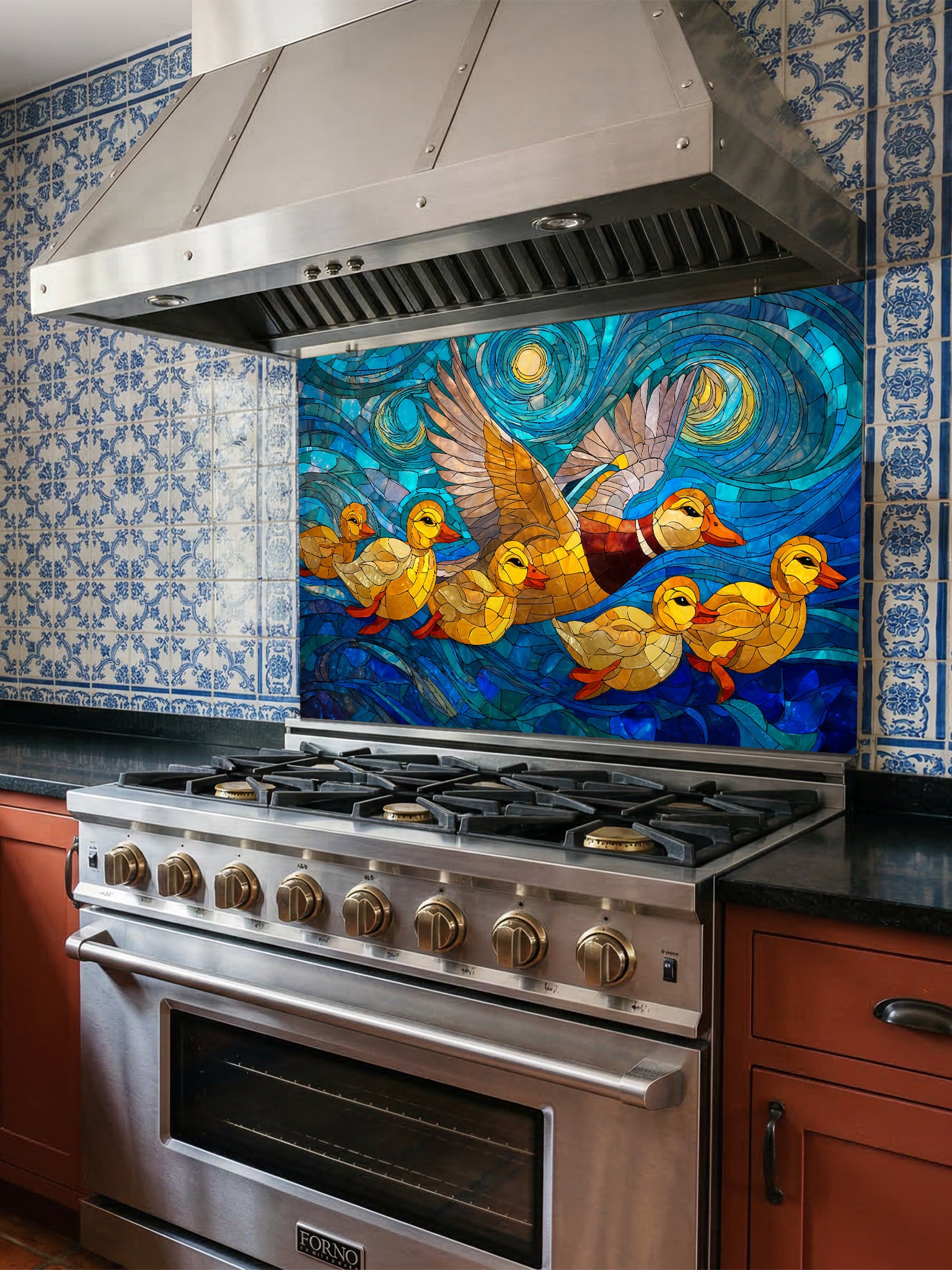 Stained glass style family of ducks flying and swimming in a swirling blue starry night sky, UV printed on a smooth tempered glass kitchen backsplash, installed behind a modern stove.