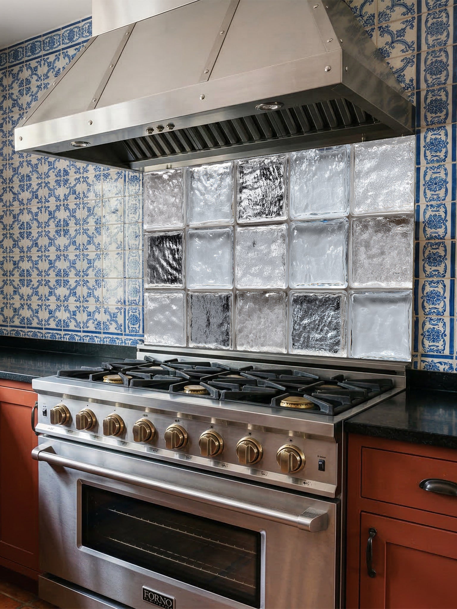 Faux clear glass block and ice texture 3D effect UV printed on a smooth tempered glass kitchen backsplash, installed behind a modern stove.