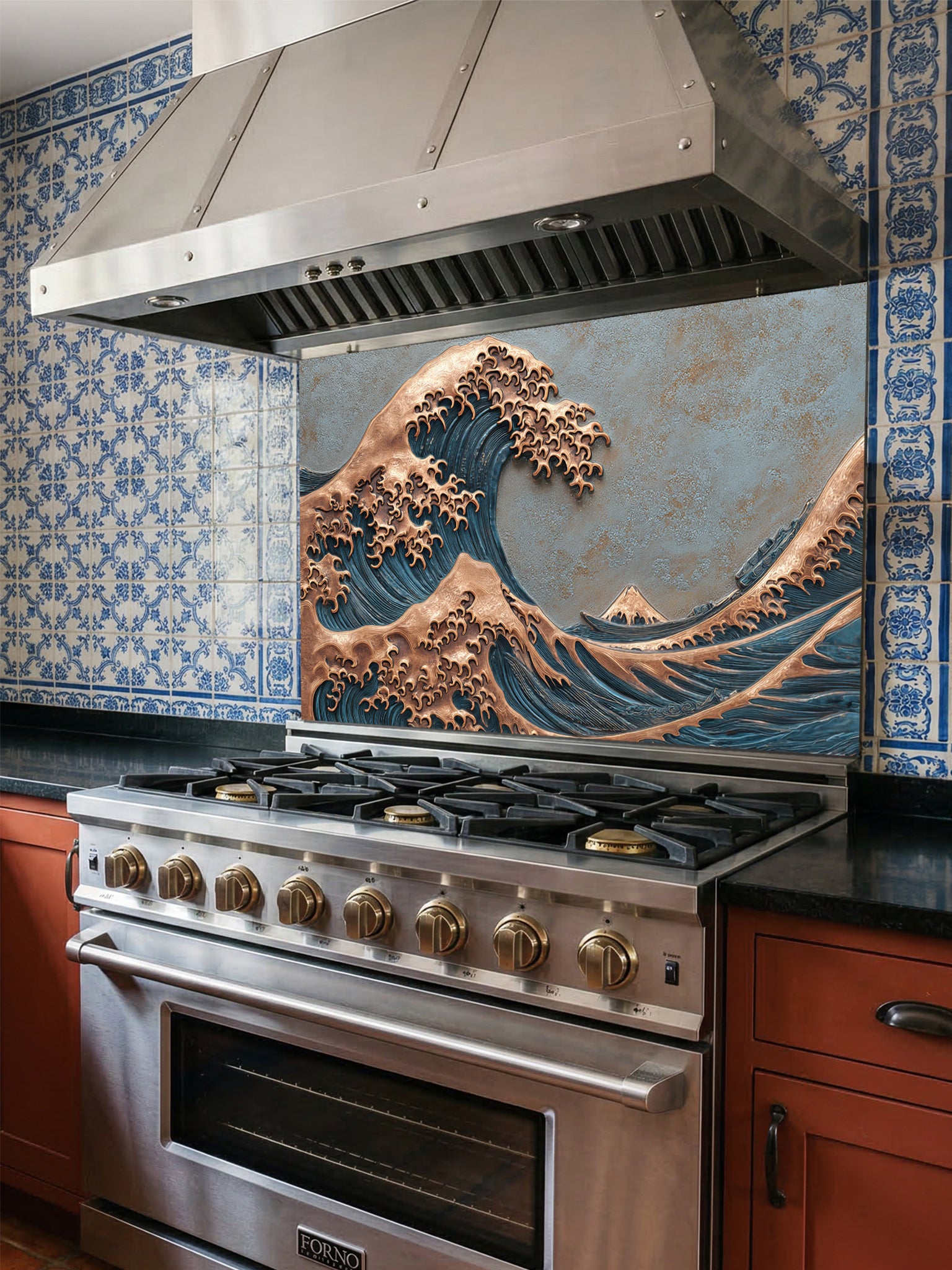Tempered glass kitchen backsplash featuring a highly realistic 3D faux metal relief design of the Great Wave off Kanagawa, showcasing a striking contrast between deep blue water textures and embossed copper wave crests, installed behind a modern stainless steel stove.