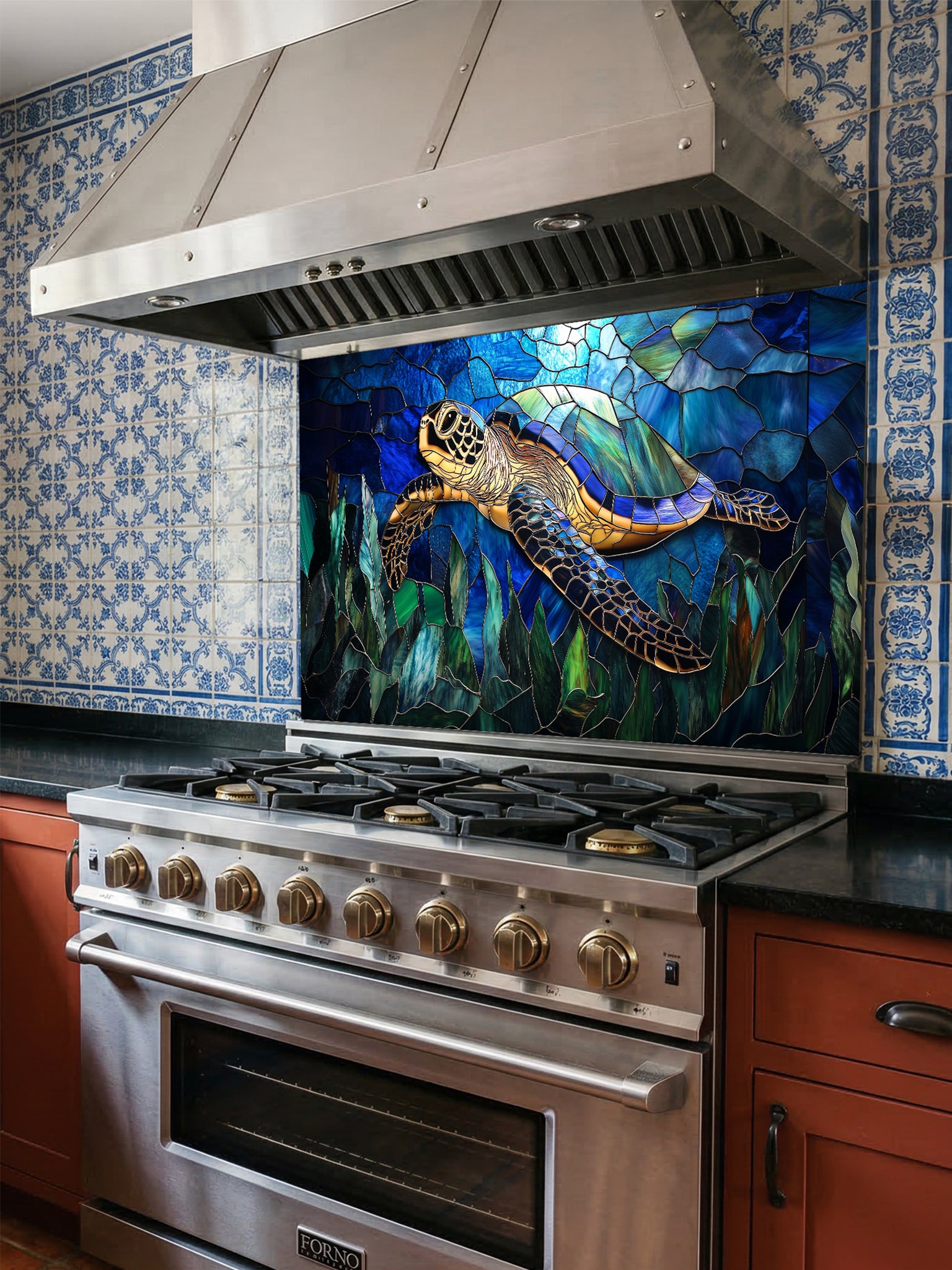 Tempered glass kitchen backsplash featuring a vibrant faux stained glass design of a graceful sea turtle swimming against a luminous blue sunlit ocean and cracked mosaic background, installed behind a modern stainless steel stove.