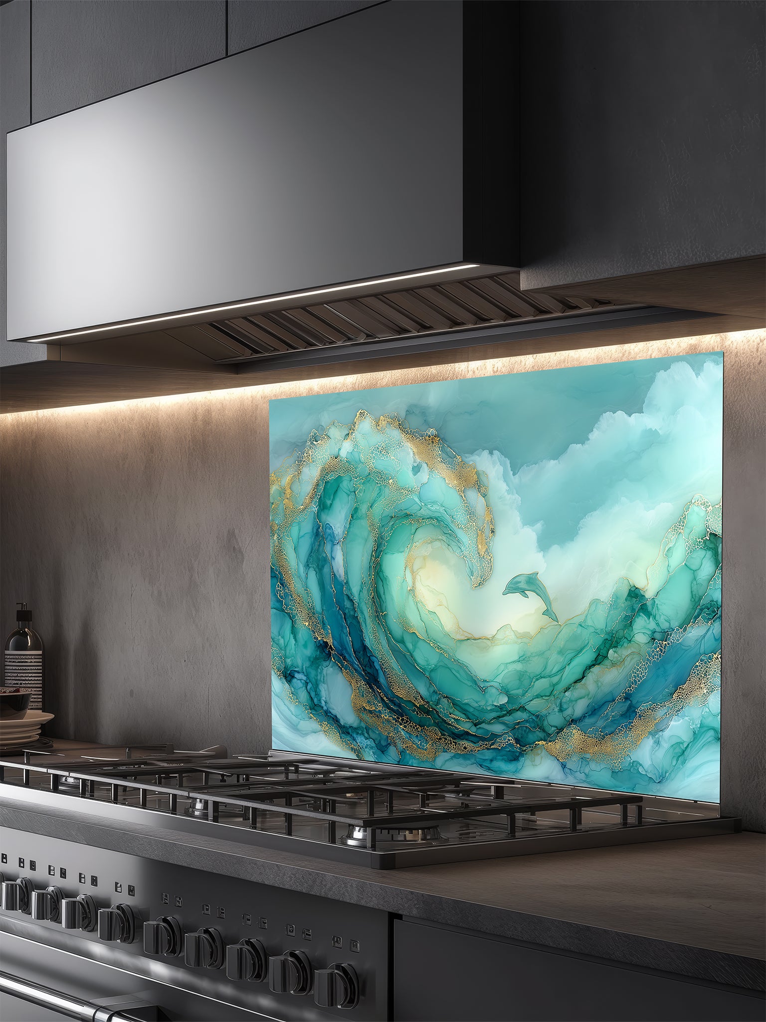 Tempered glass kitchen backsplash featuring a vibrant teal and gold abstract alcohol ink ocean wave with a small jumping dolphin, installed behind a modern stainless steel stove.