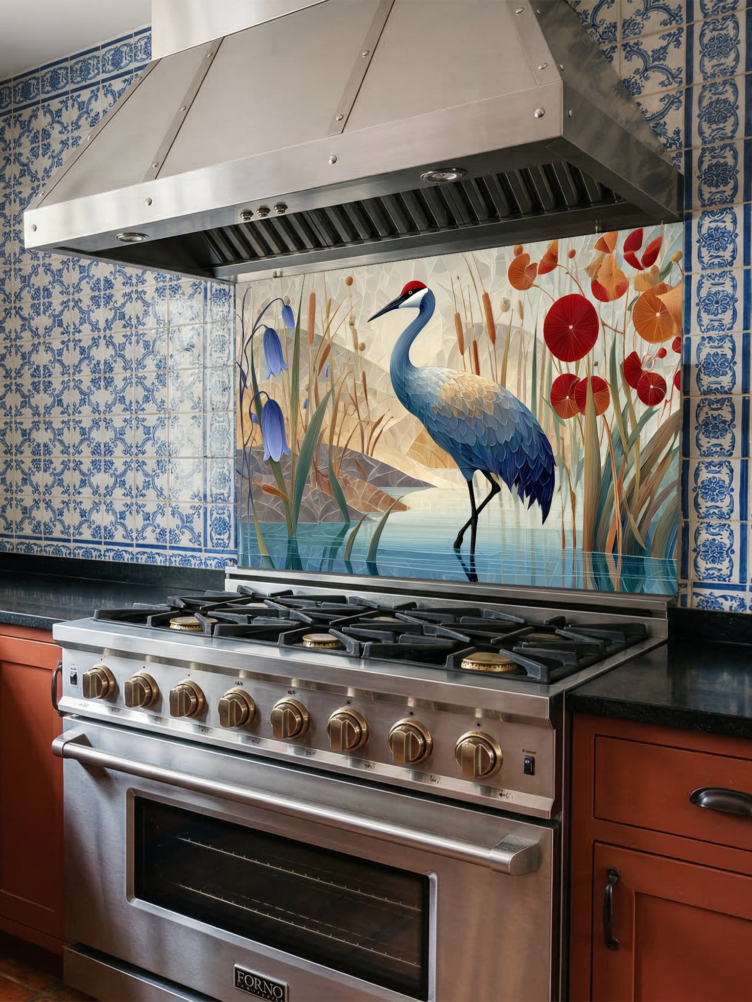 Tempered glass kitchen backsplash featuring a crisp, modern Japandi-style illustration of a majestic red-crowned crane standing in tranquil water among bluebell flowers and red botanical accents against a geometric beige mountain background, installed behind a modern black stove.