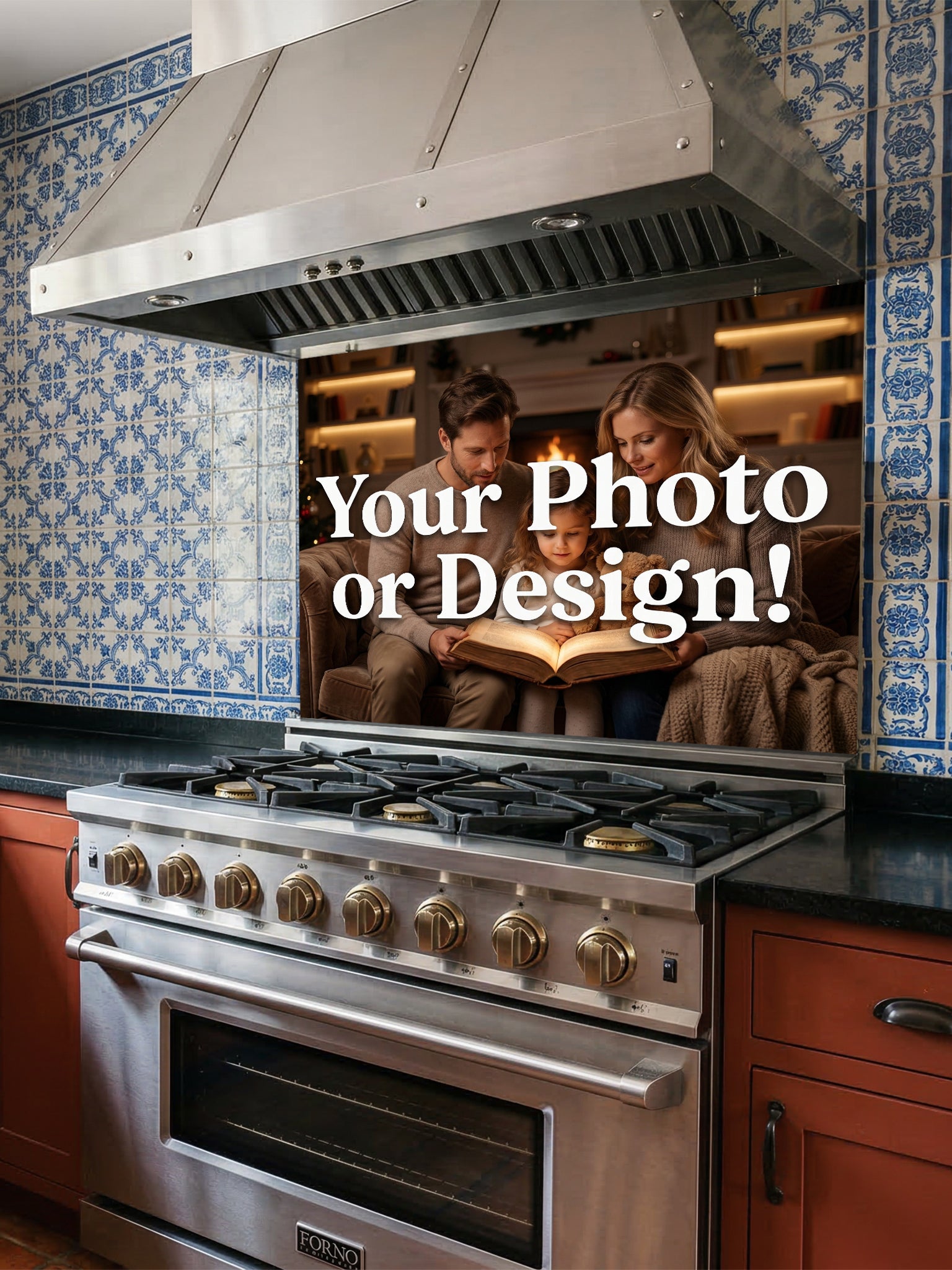 Tempered glass kitchen backsplash showcasing a custom 'Your Photo or Design' mockup featuring a family reading by a fireplace, installed behind a modern stainless steel stove.