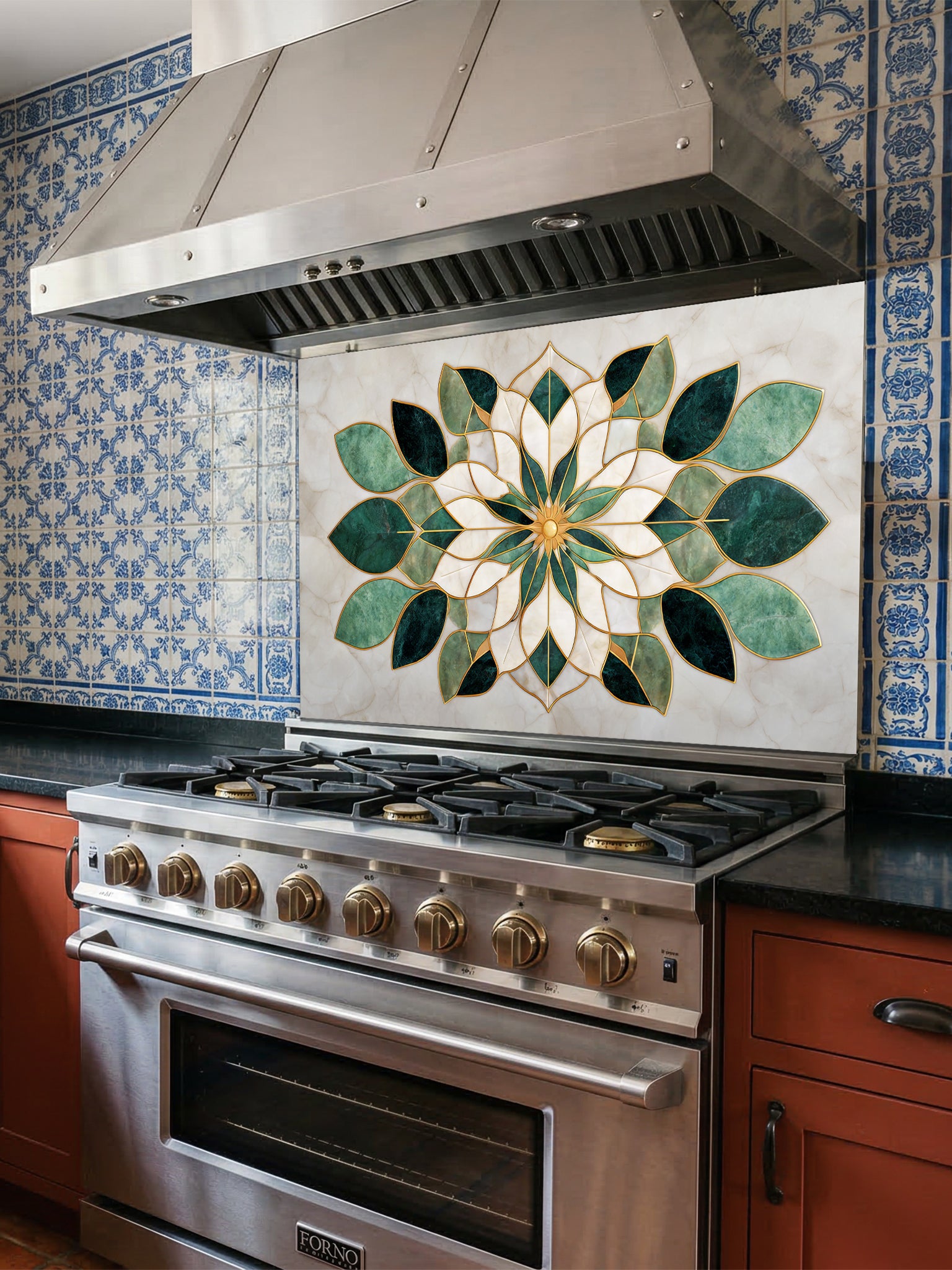 Tempered glass kitchen backsplash featuring a highly realistic 3D illusion of luxurious marble inlay art, showcasing a symmetrical geometric floral mandala or lotus pattern in emerald green and creamy white marble textures with faux gold metallic outlines, installed behind a modern black stove.