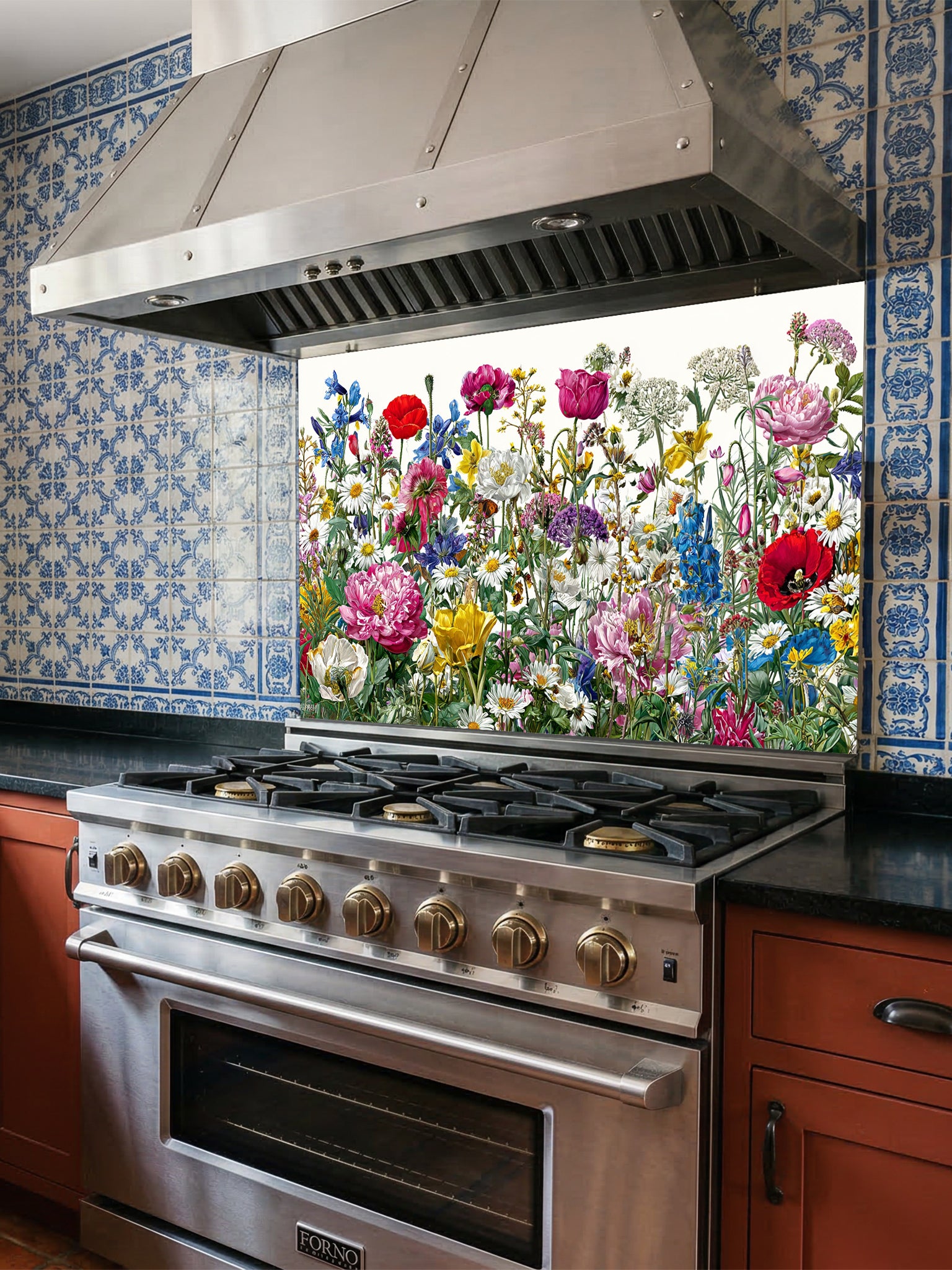 Vibrant spring meadow pattern featuring colorful wildflowers, red poppies, and daisies on a crisp white background, UV printed on a smooth tempered glass kitchen backsplash.