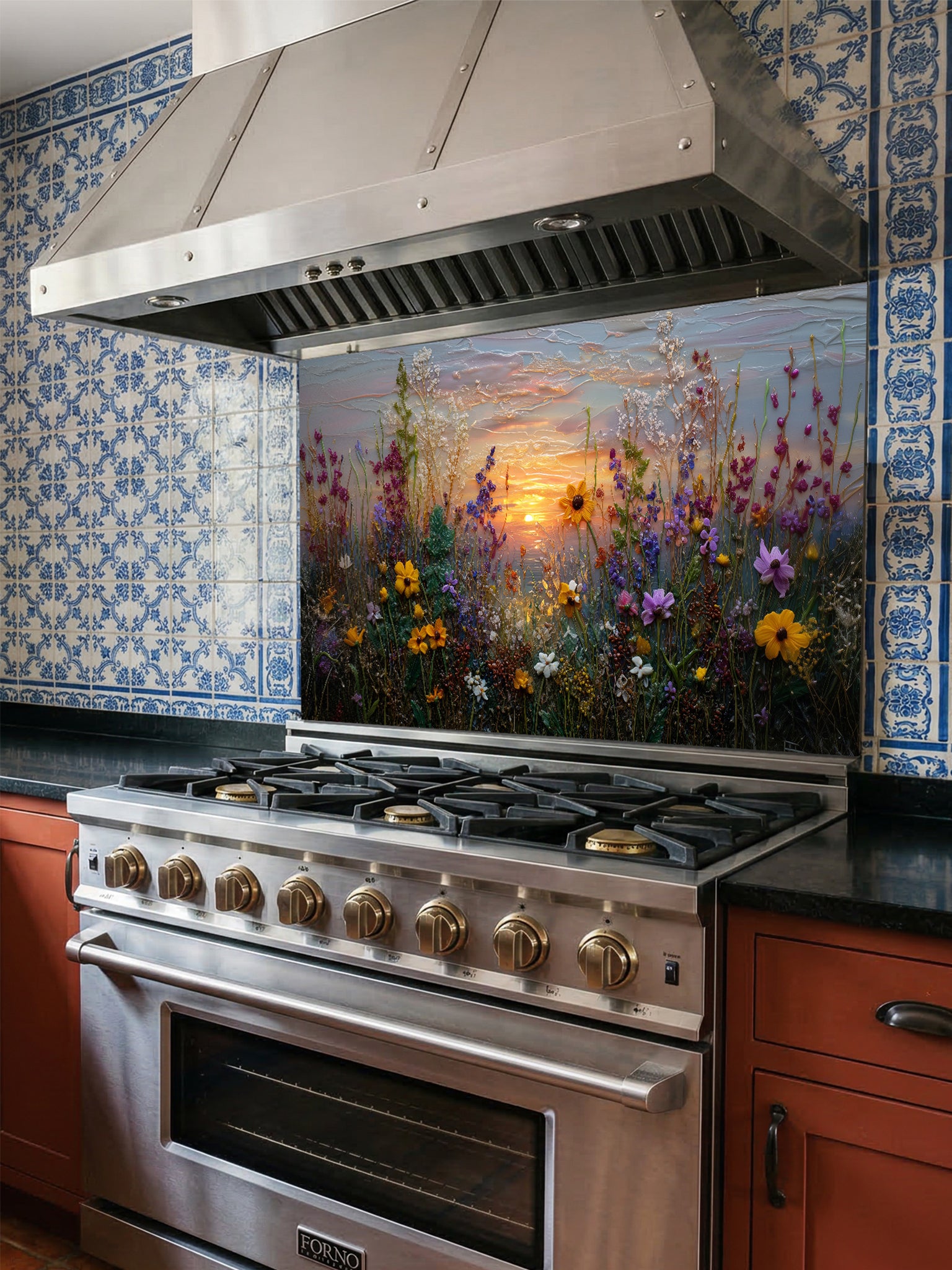 Tempered glass kitchen backsplash featuring a highly realistic 3D illusion of an impasto oil painting showing a vibrant wildflower meadow against a soft pastel sunset sky, installed behind a modern stainless steel stove.