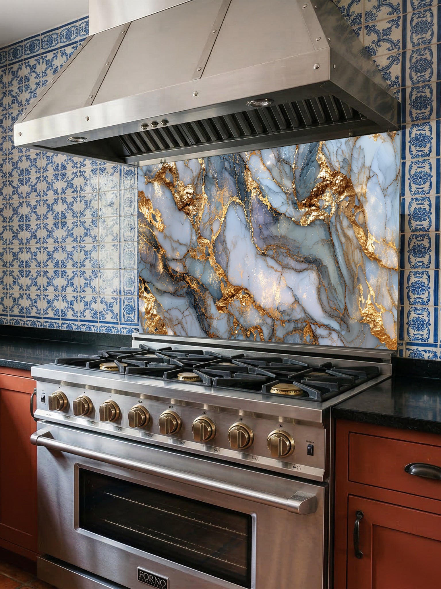 Tempered glass kitchen backsplash featuring a highly realistic 3D-effect design of flowing liquid gold waves cascading across a sophisticated blue and grey marble resin-style background, installed behind a modern stainless steel stove.