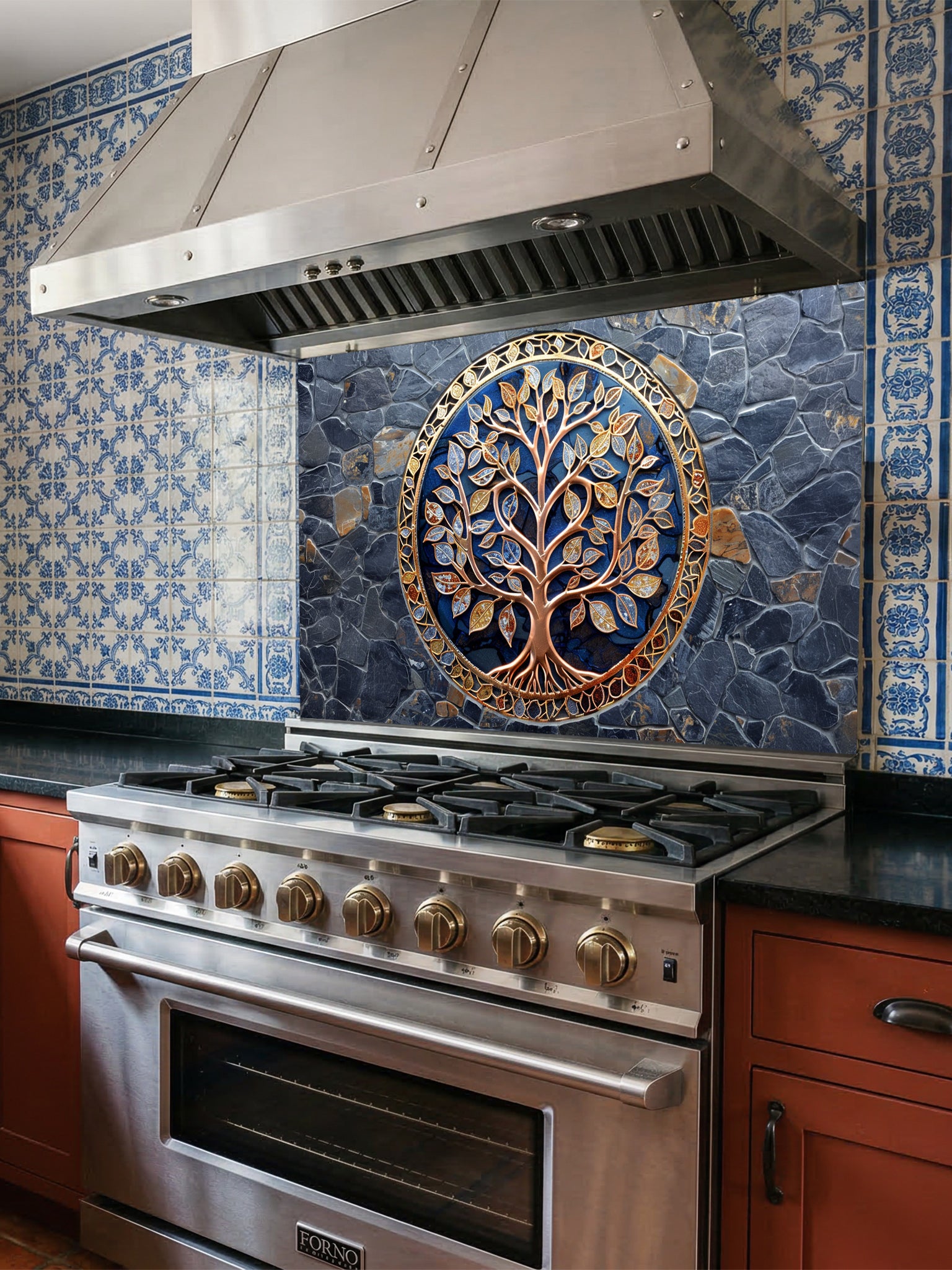 Stainless steel oven with decorative glass backsplash featuring a tree of life design.