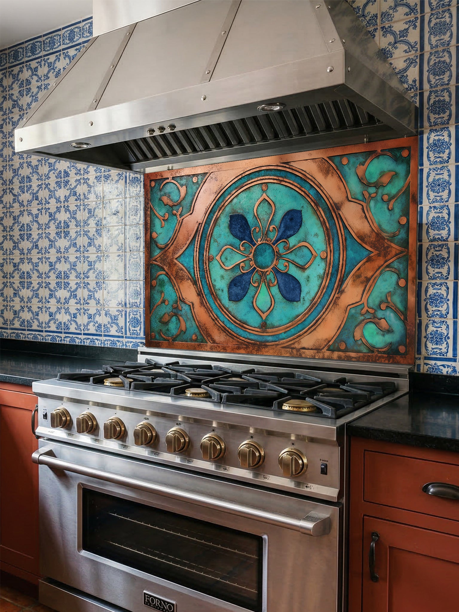 Tempered glass kitchen backsplash featuring a highly realistic 3D faux metal design of an ornate Moroccan floral mandala in oxidized copper with rich teal patina accents, installed behind a modern stainless steel stove.