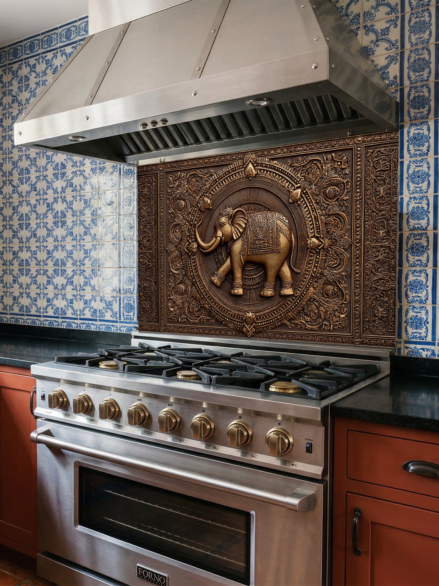 Faux 3D effect intricately carved bronze elephant and ornate mandala pattern, UV printed on a smooth tempered glass kitchen backsplash, installed behind a modern stove.