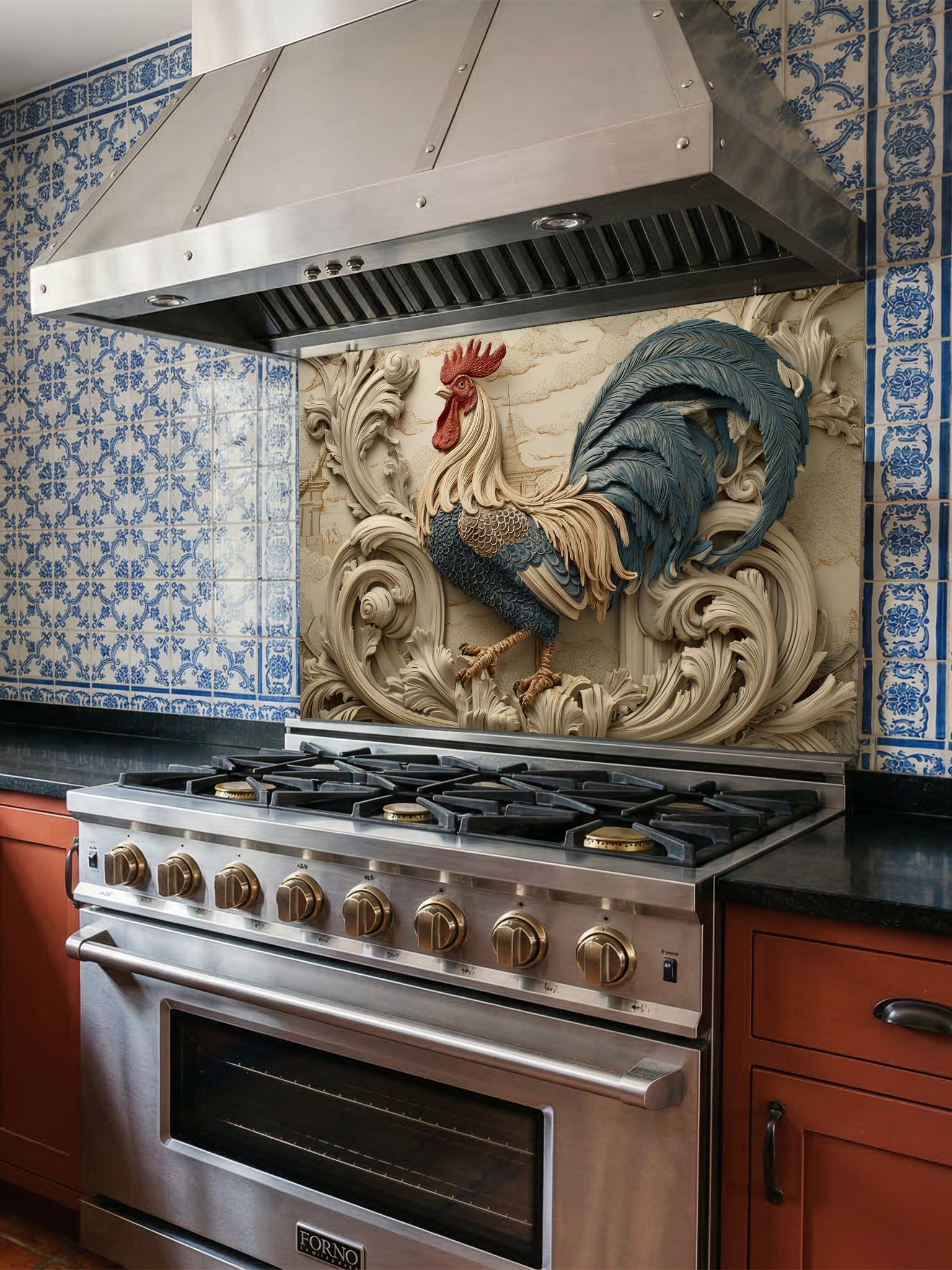 Tempered glass kitchen backsplash featuring a highly realistic 3D illusion of an intricately carved bas-relief sculpture showing a proud rooster with slate blue and gold feathers surrounded by ornate, flowing creamy beige baroque acanthus swirls, installed behind a modern black stove.