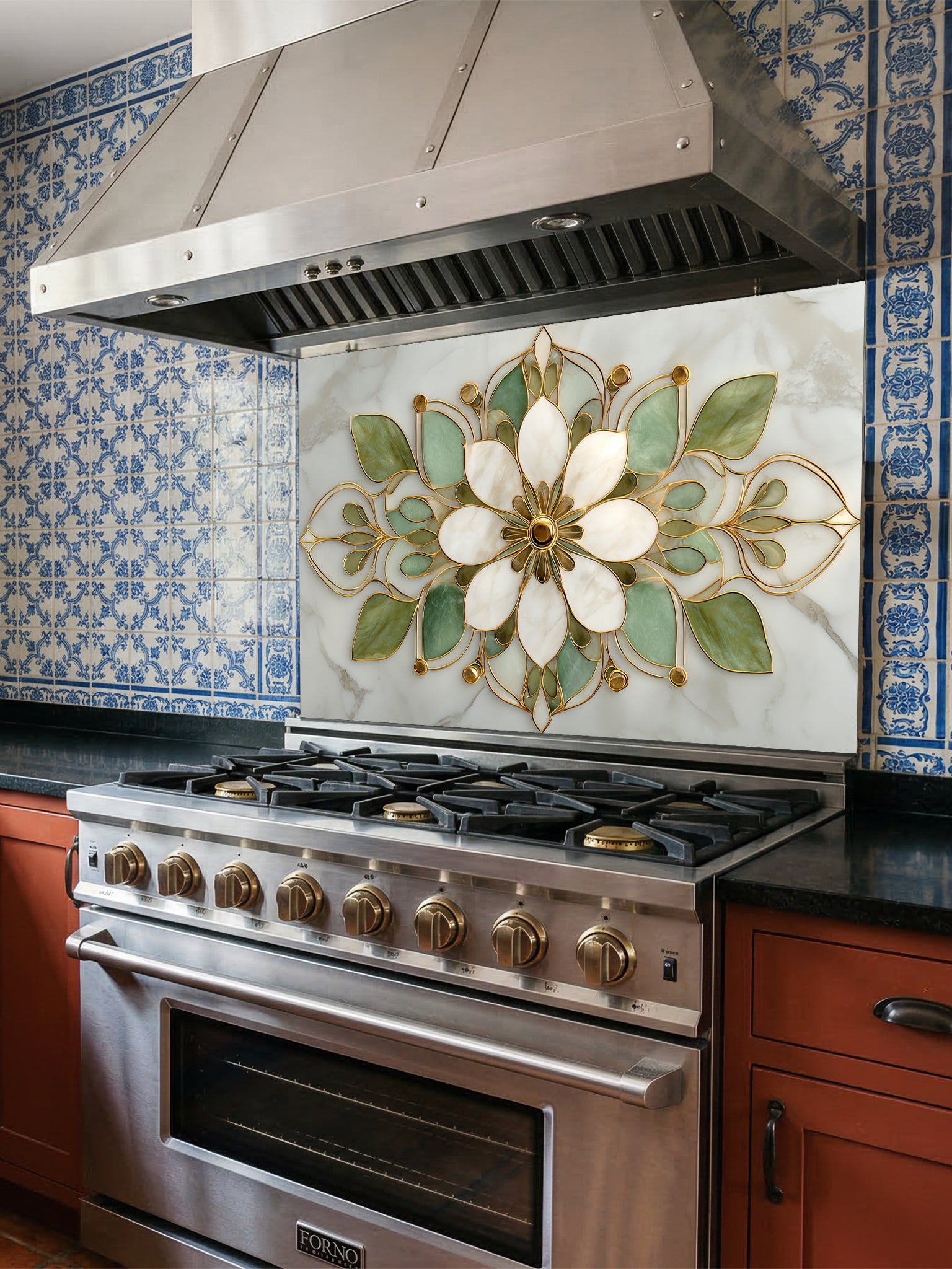 Faux white marble kitchen backsplash featuring an elegant sage green, cream, and gold stained glass lotus mandala pattern, UV printed on smooth tempered glass.