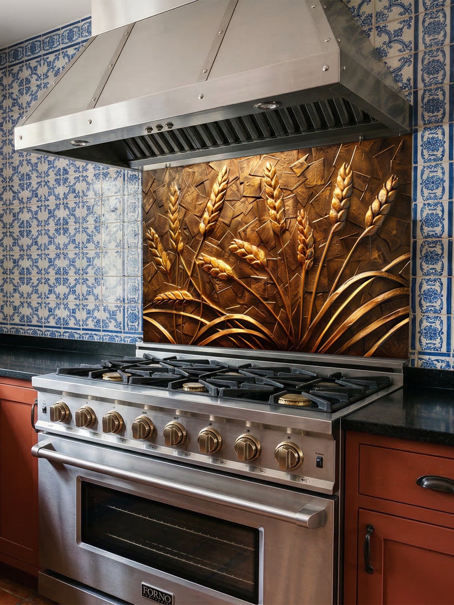 Faux 3D effect carved bronze and gold wheat stalks on a textured metallic background, UV printed on a smooth tempered glass kitchen backsplash, installed behind a modern stove.