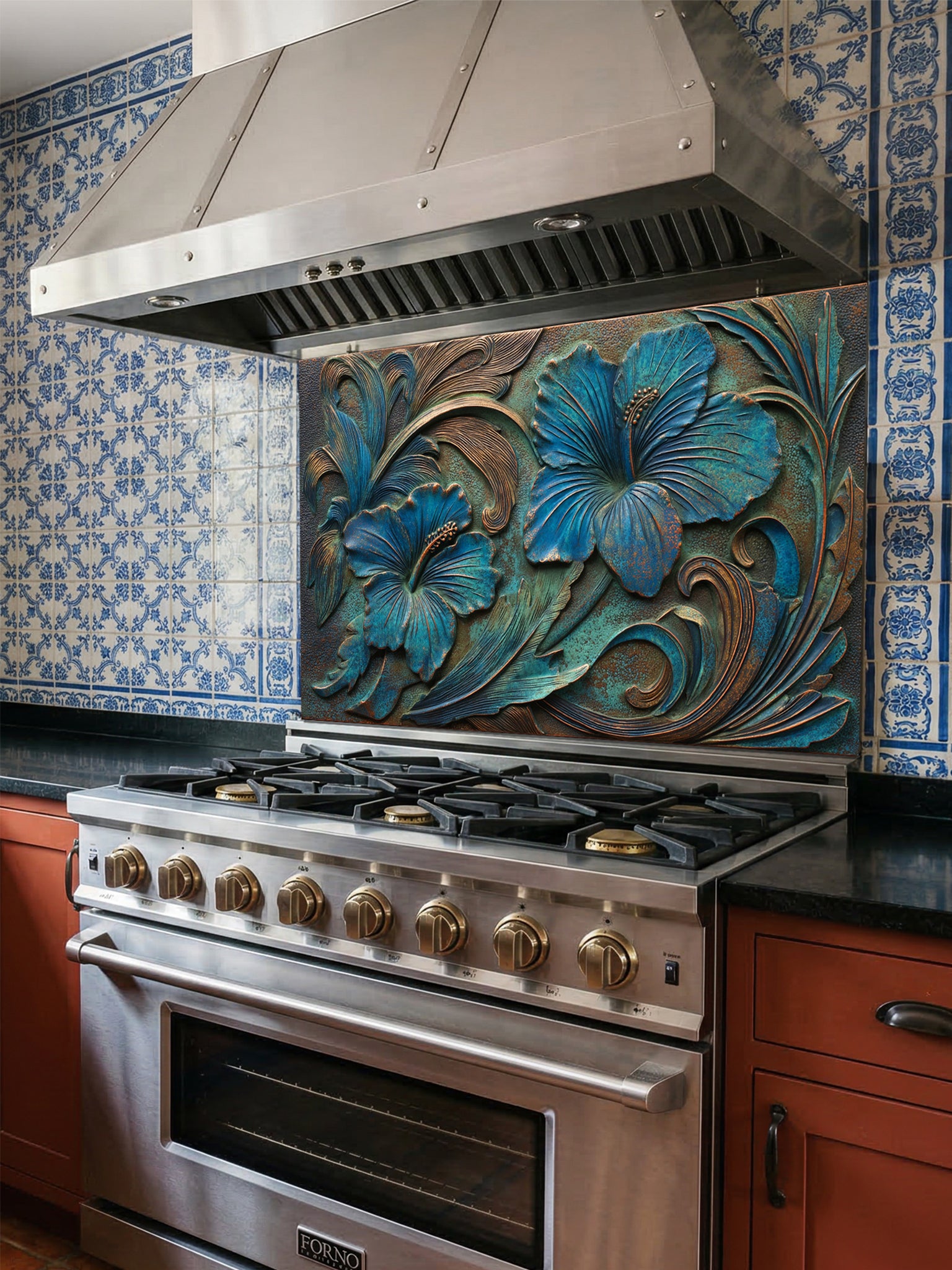 Tempered glass kitchen backsplash featuring a highly realistic 3D faux metal relief design of large tropical hibiscus flowers with a rich teal patina and antique copper accents over a dark textured background, installed behind a modern stainless steel stove.