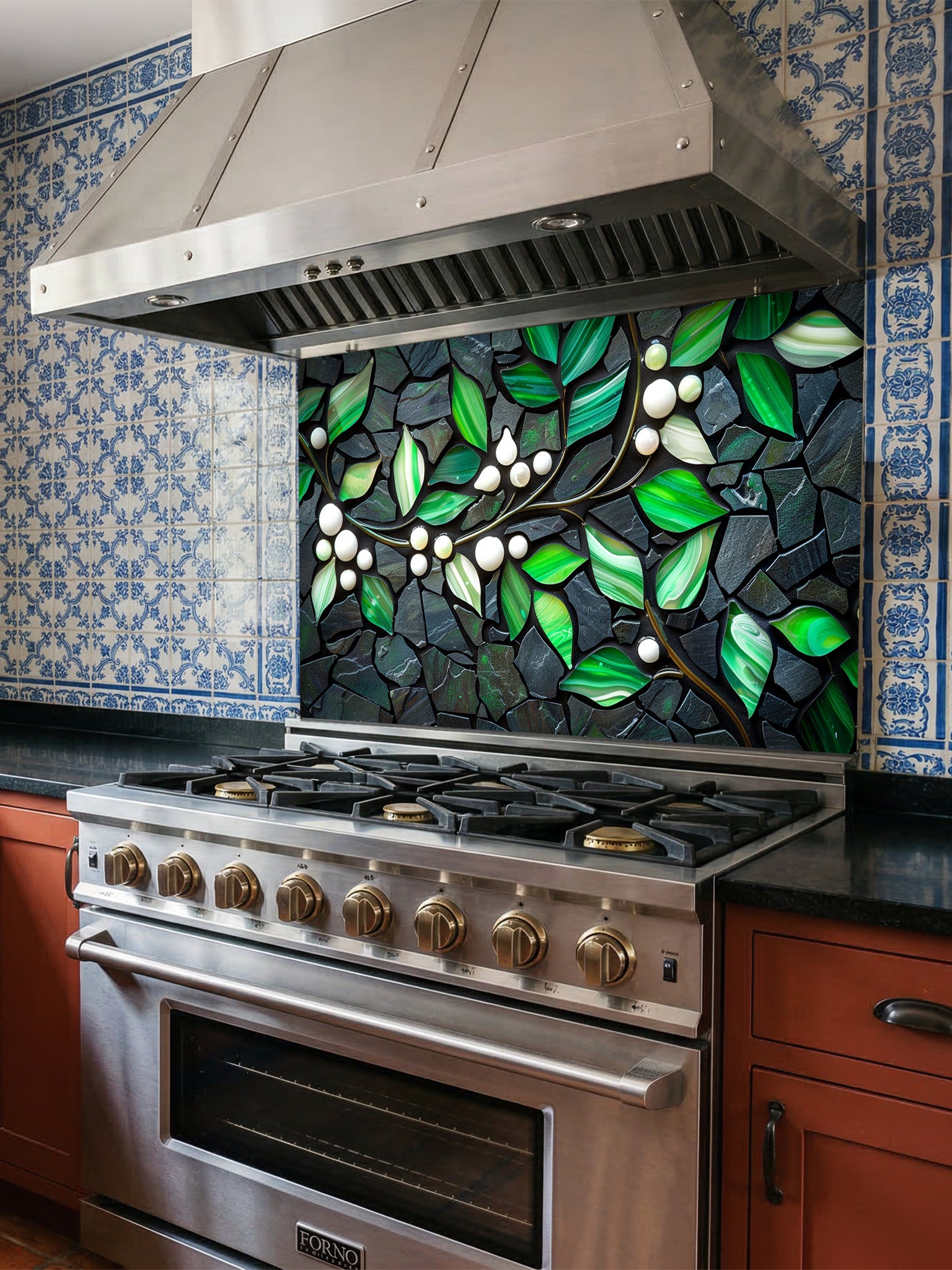 Tempered glass kitchen backsplash featuring a highly realistic 3D illusion of a stone mosaic showcasing vibrant emerald green agate-like leaves and white pearl berries on a glowing golden branch against a dark charcoal stone background, installed behind a modern black stove.