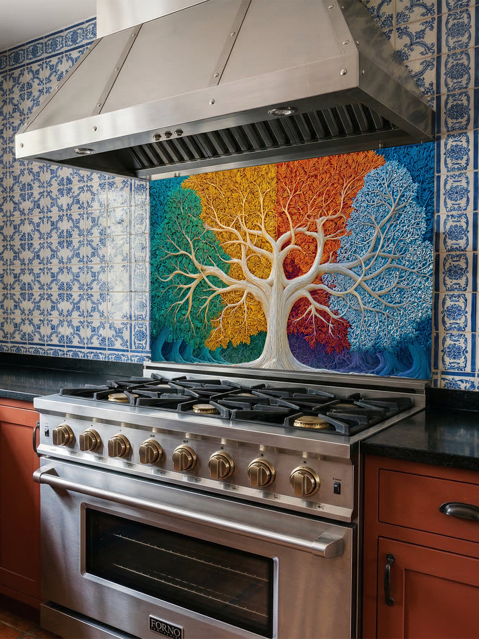 Faux 3D relief art of a Tree of Life with intricately textured leaves divided into four vibrant colors representing the four seasons, UV printed on a smooth tempered glass kitchen backsplash.