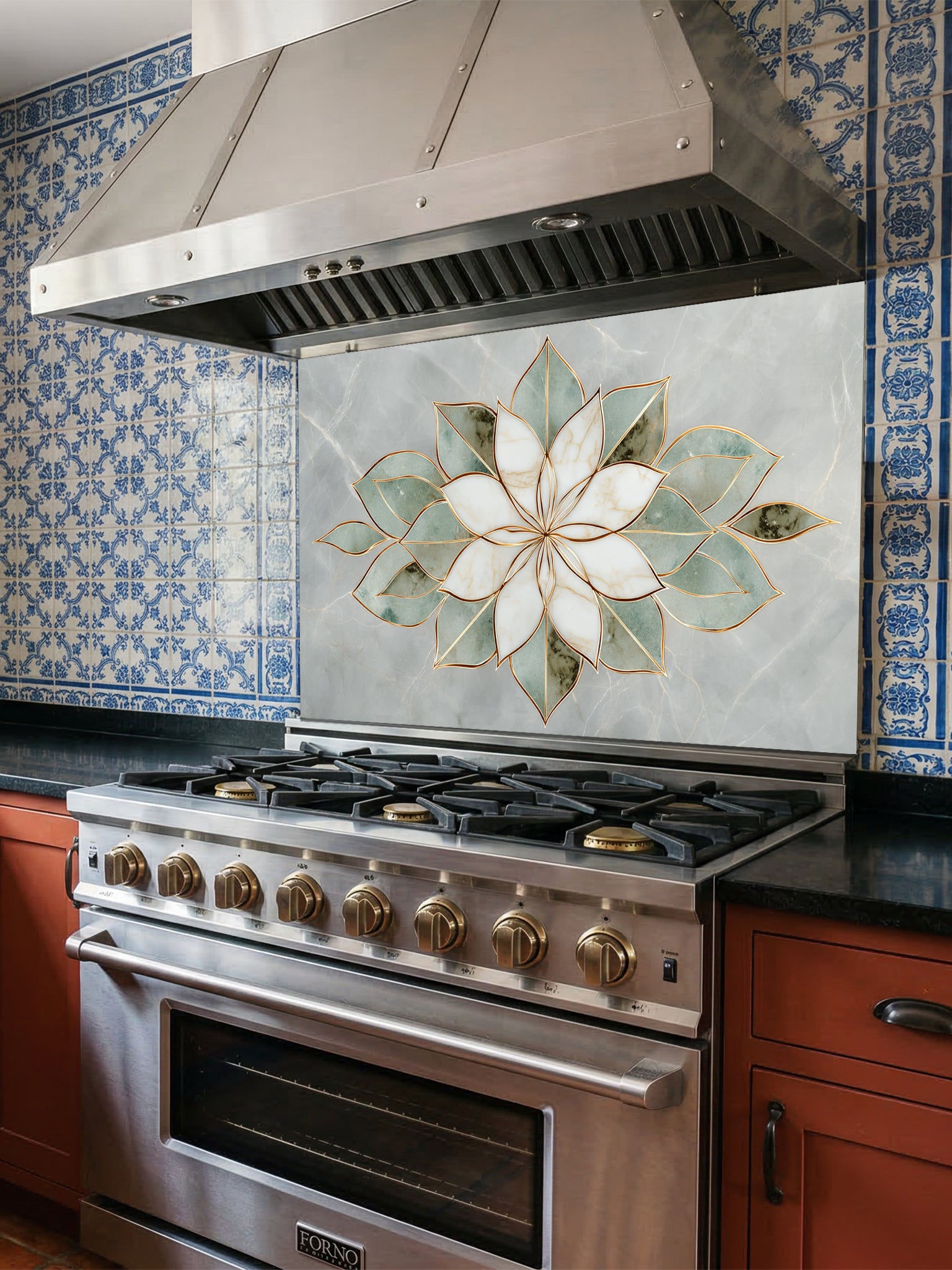 Faux light green jade marble kitchen backsplash featuring a sharp, geometric white and sage green stone lotus with gold inlay, UV printed on smooth tempered glass.