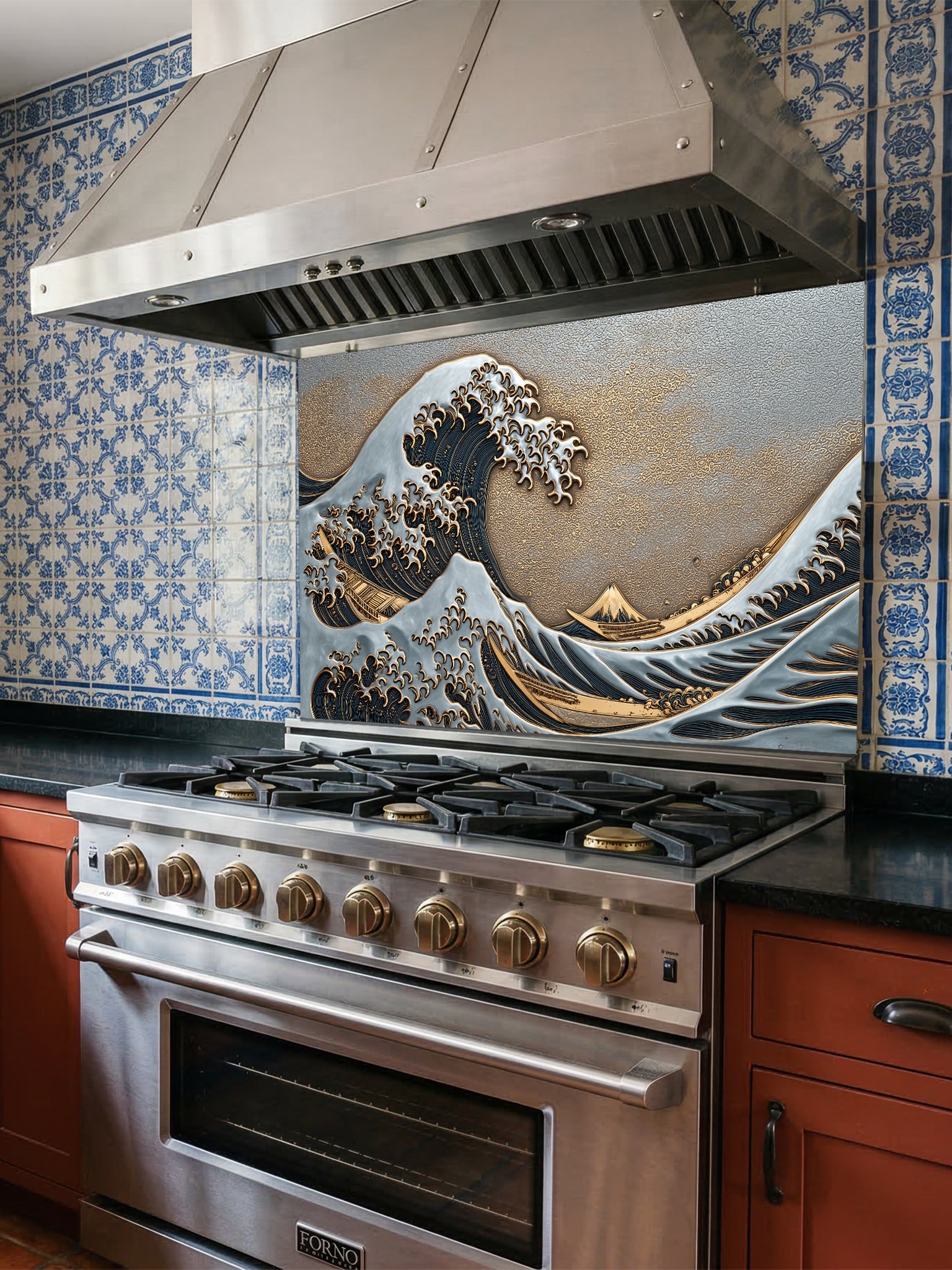 Faux 3D sculpted mixed metal relief of the Great Wave featuring silver crests, deep navy blue water, and a textured gold sky, UV printed on a smooth tempered glass kitchen backsplash.