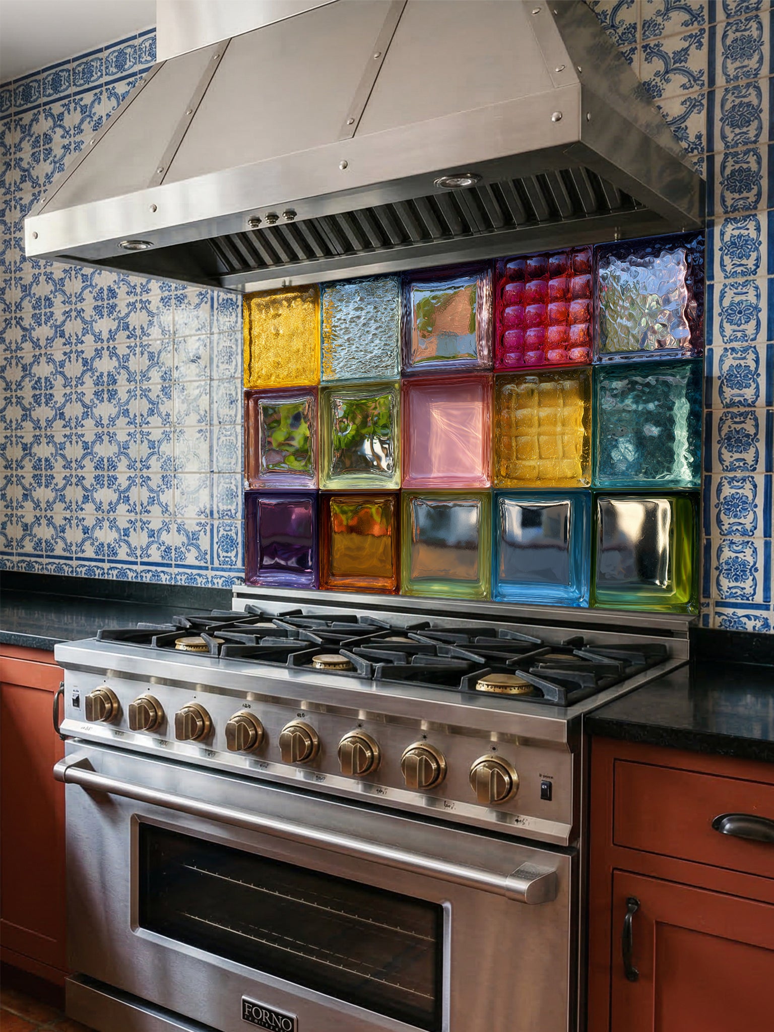 Tempered glass kitchen backsplash featuring a highly realistic 3D illusion of colorful, textured retro glass blocks in vibrant shades of blue, pink, amber, and green, installed behind a modern stainless steel stove.