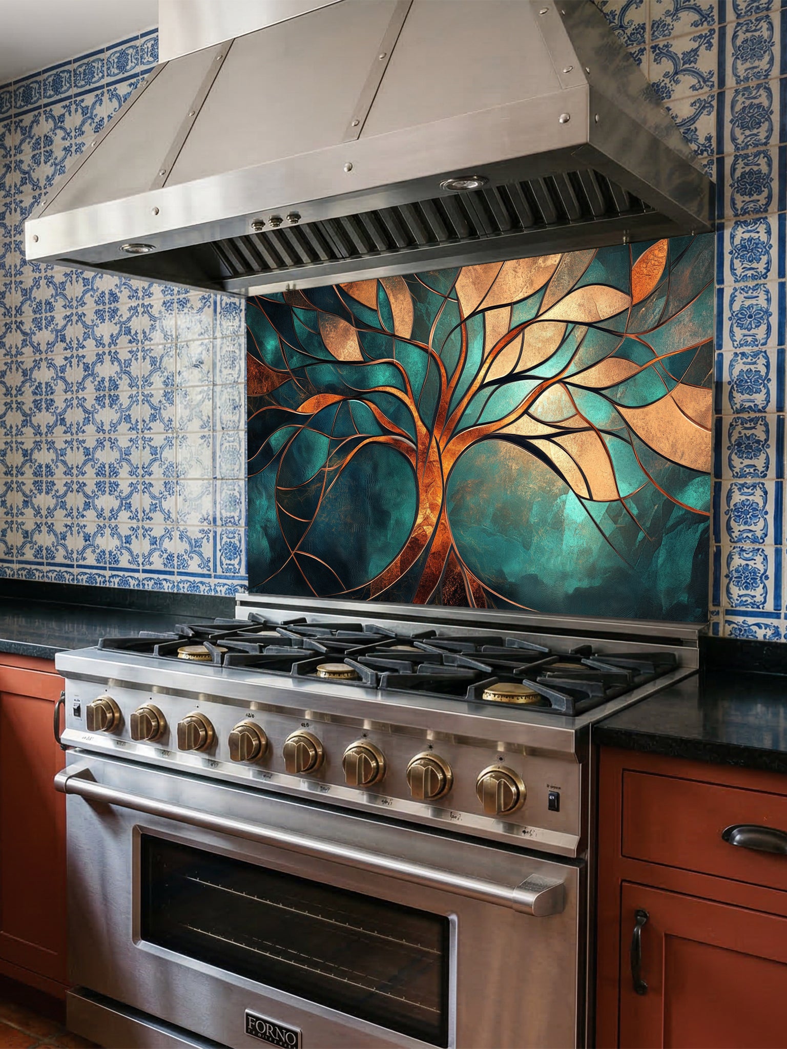 Tempered glass kitchen backsplash featuring a highly realistic 3D illusion of a stained glass and metallic Tree of Life with glowing gold, bronze, and copper branches against a rich teal and emerald background, installed behind a modern black stove.