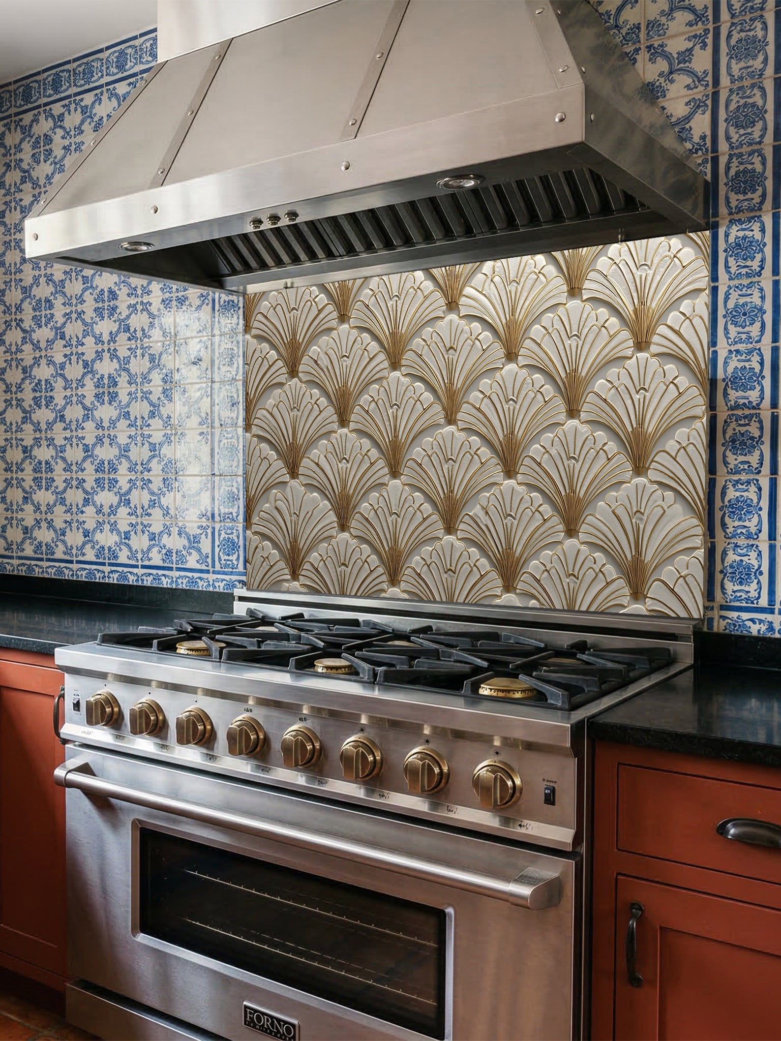 Tempered glass kitchen backsplash featuring a highly realistic 3D illusion of an Art Deco scalloped fan pattern in creamy ivory with elegant faux gold metallic outlines, installed behind a modern black stove.