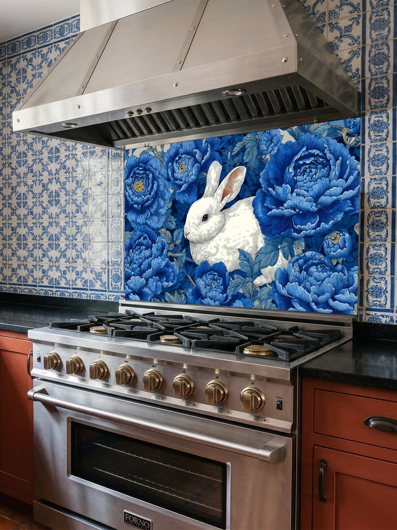 Vintage style illustration of a white rabbit sitting among large deep blue peony flowers, UV printed on a smooth tempered glass kitchen backsplash, installed behind a modern stove.