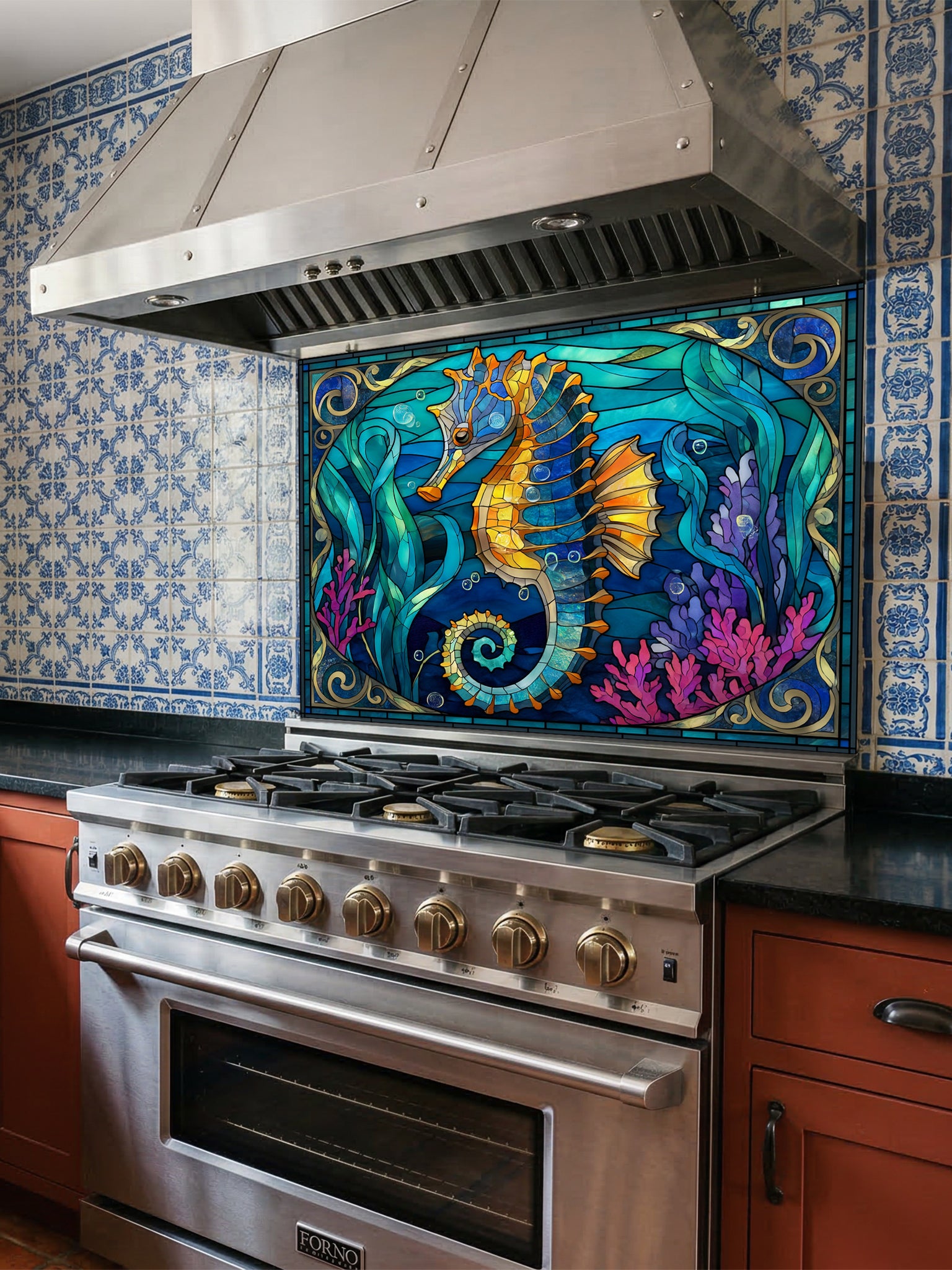 Faux stained glass pattern featuring a vibrant golden seahorse, magenta corals, and swirling turquoise ocean waves, UV printed on a smooth tempered glass kitchen backsplash.