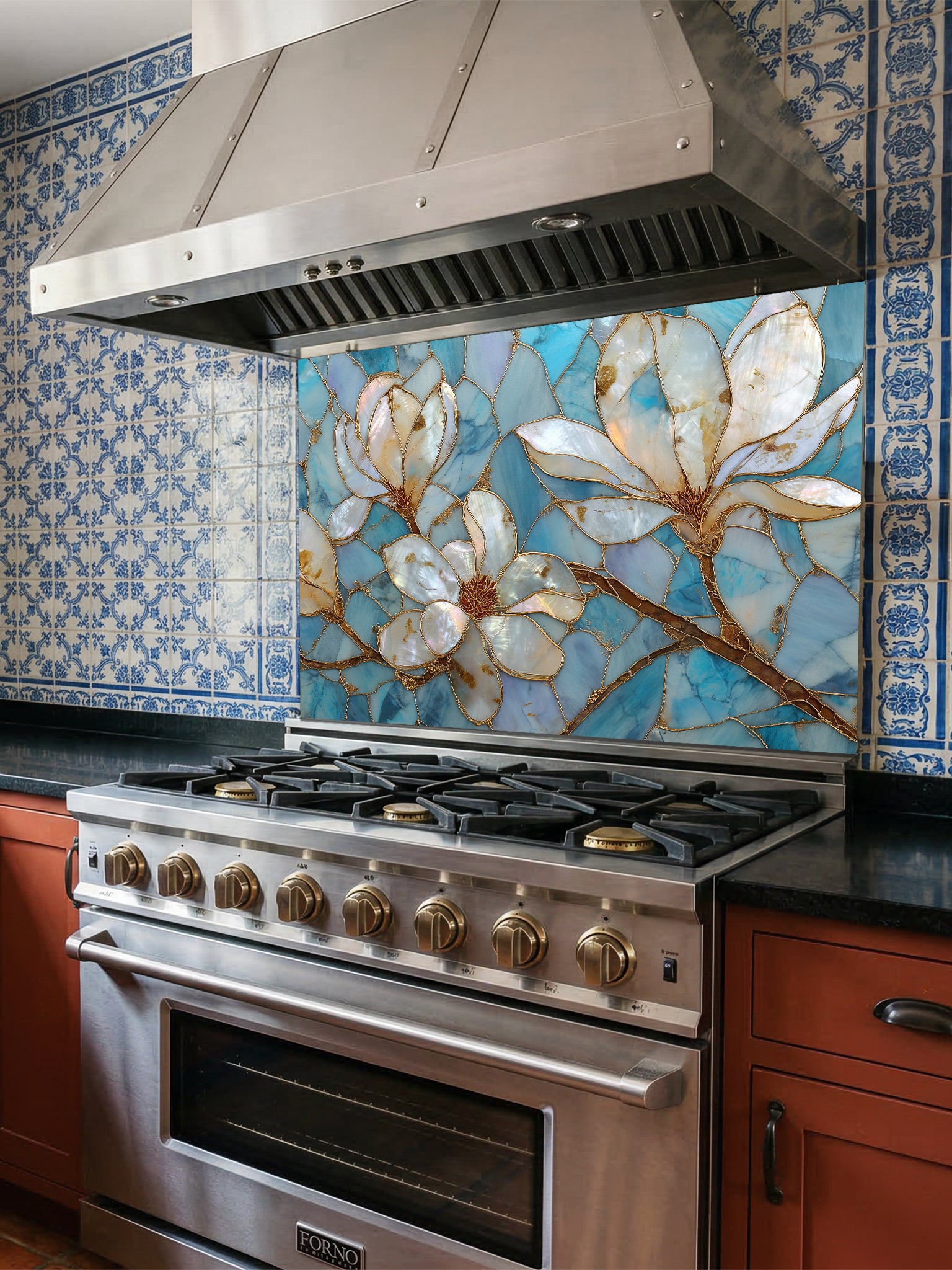 Stained glass style white magnolia flowers with gold veining on a beautiful cracked blue agate background, UV printed on a smooth tempered glass kitchen backsplash, installed behind a modern stove.