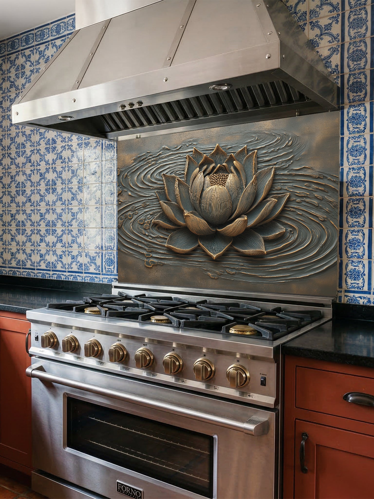 Faux 3D sculpted relief of a lotus flower with bronze highlights and rippling water waves on a dark background, UV printed on a smooth tempered glass kitchen backsplash.