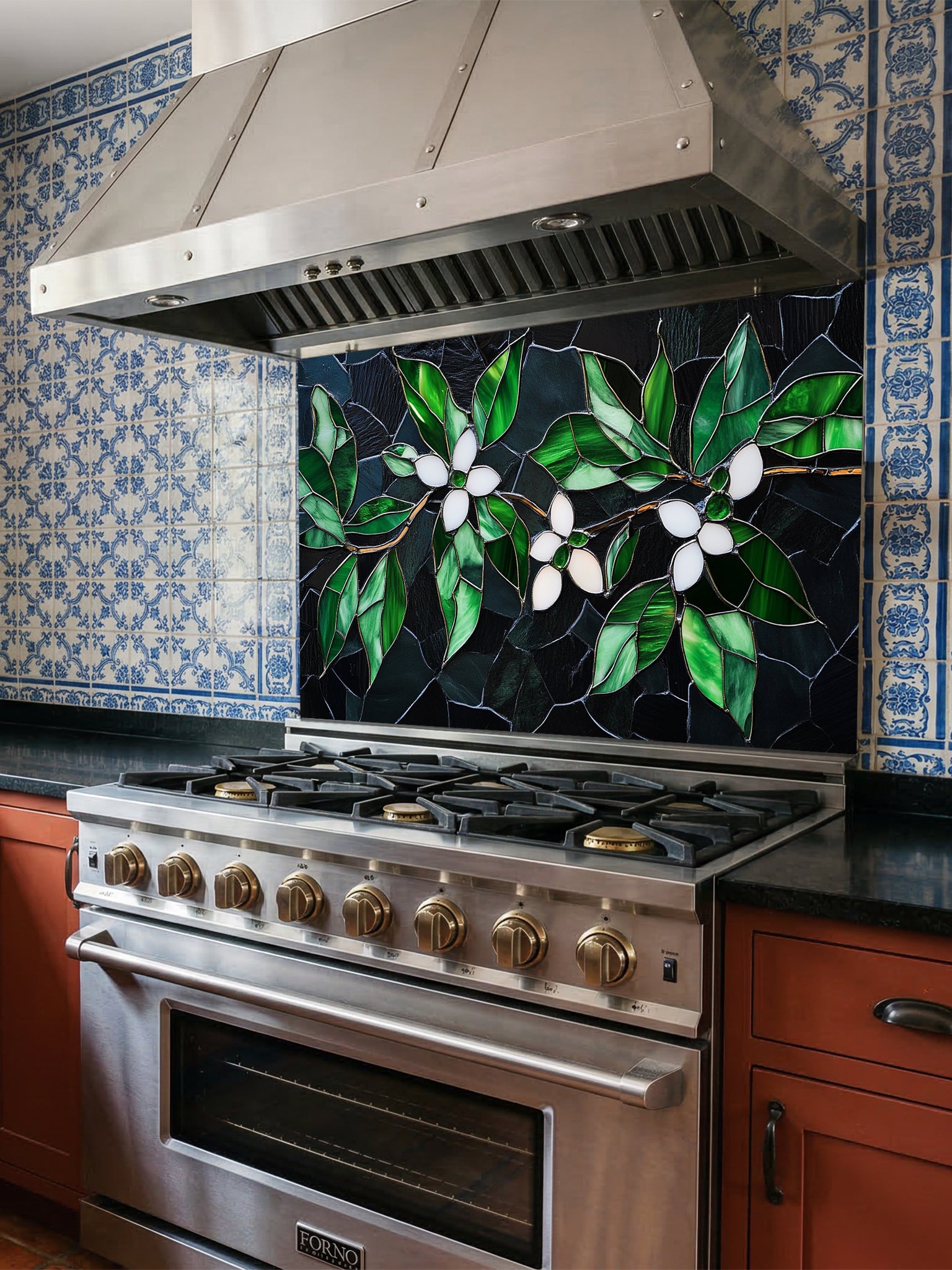 Tempered glass kitchen backsplash featuring a highly realistic 3D illusion of stained glass and cracked mosaic art showing delicate white blossoms and vibrant emerald green leaves gracefully sprawling across a dark, moody charcoal and black background, installed behind a modern black stove.