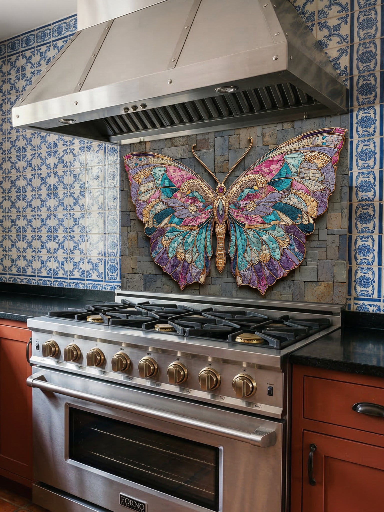 Tempered glass kitchen backsplash featuring a highly realistic 3D illusion of mixed-media art, showing a vibrant mosaic butterfly in jewel tones of teal, purple, and gold resting against a rugged, textured dark grey slate stone brick background, installed behind a modern black stove.
