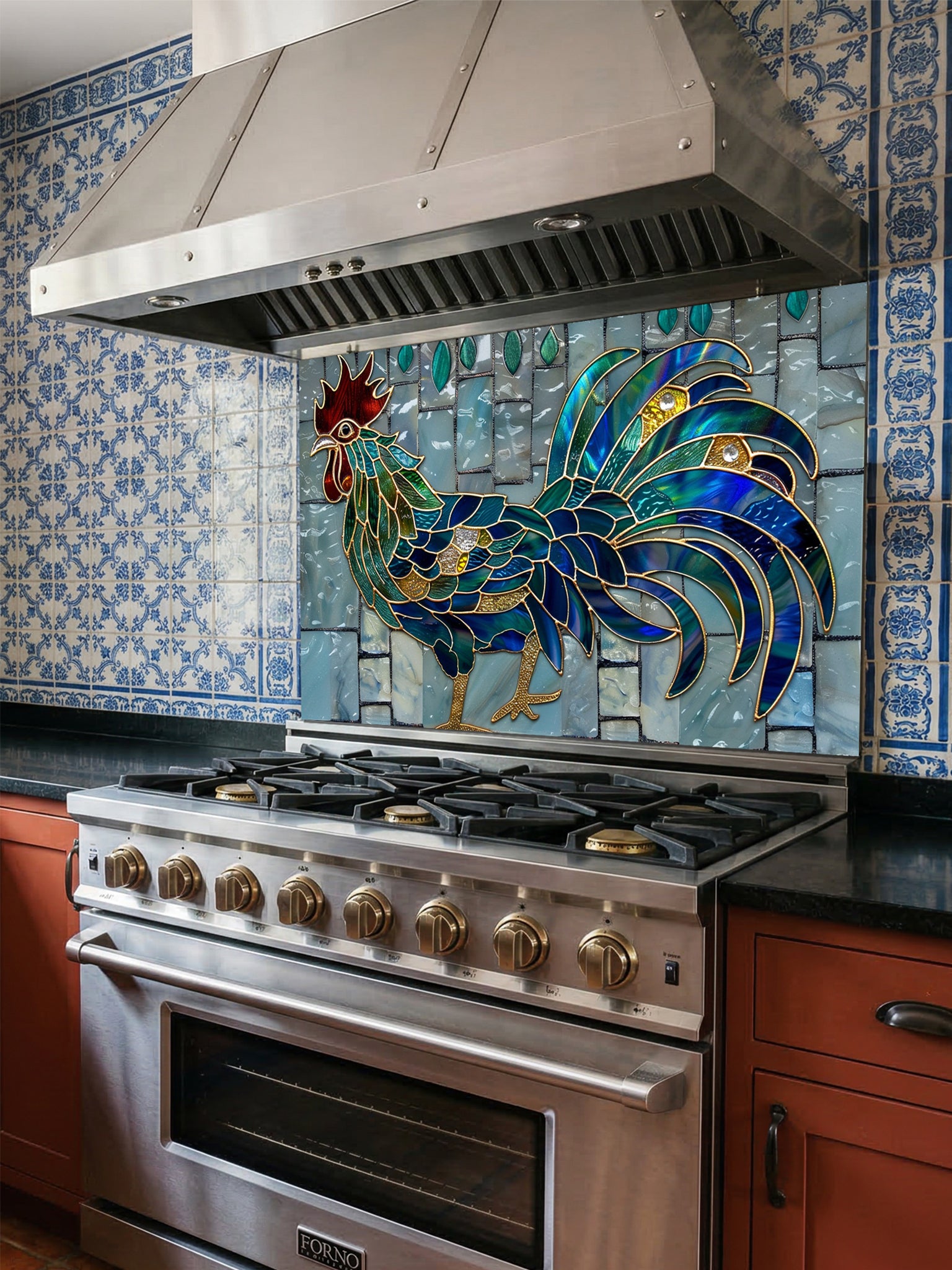 Tempered glass kitchen backsplash featuring a vibrant faux stained glass rooster with jewel-toned sapphire and emerald feathers and gold outlines, set against a light blue vertical mosaic tile background.