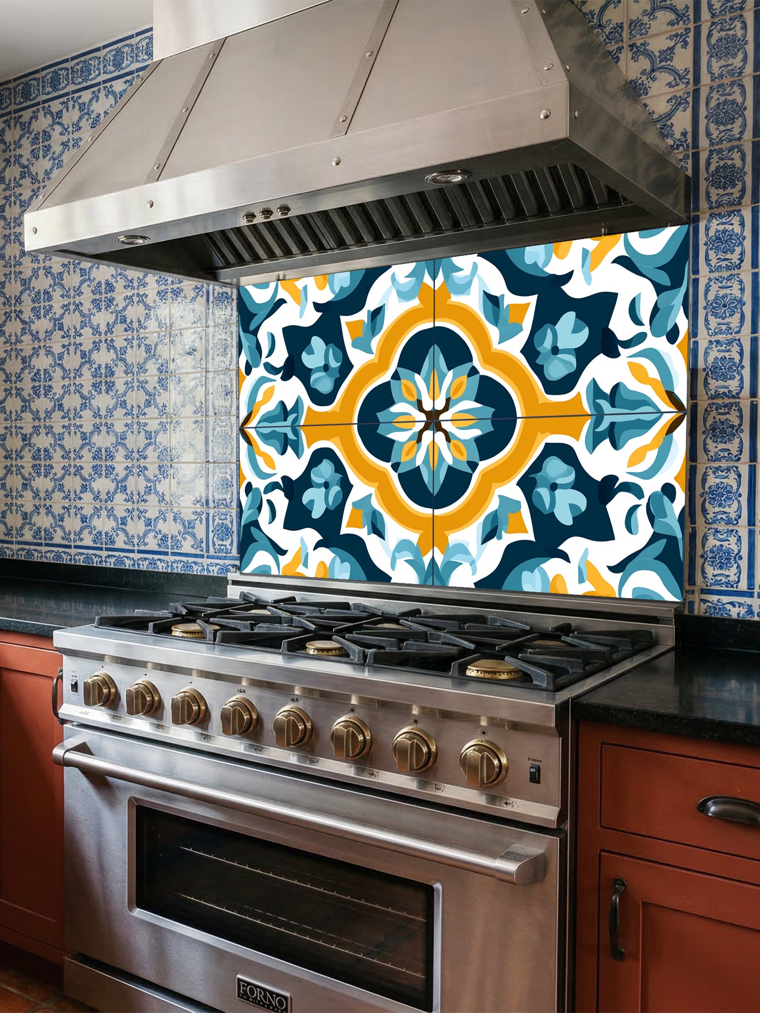 Tempered glass kitchen backsplash featuring a highly realistic illusion of traditional Mediterranean or Portuguese Azulejo tiles, showcasing a bold geometric floral pattern in vibrant teal, yellow, and navy blue on a crisp white background, installed behind a modern black stove.
