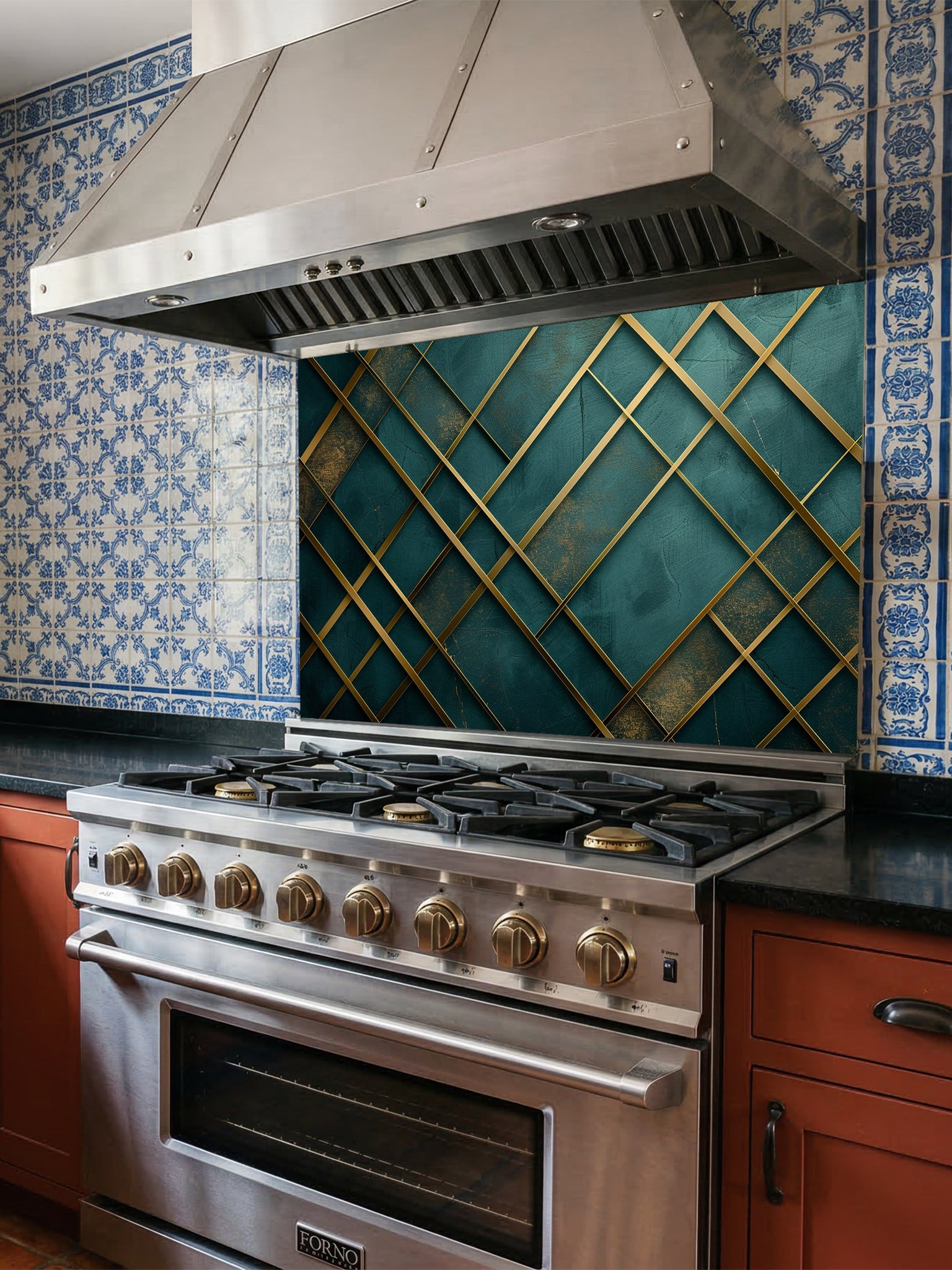 Tempered glass kitchen backsplash featuring a highly realistic 3D illusion of a textured emerald green and teal background crossed by elegant, abstract metallic gold geometric lines, installed behind a modern black stove.