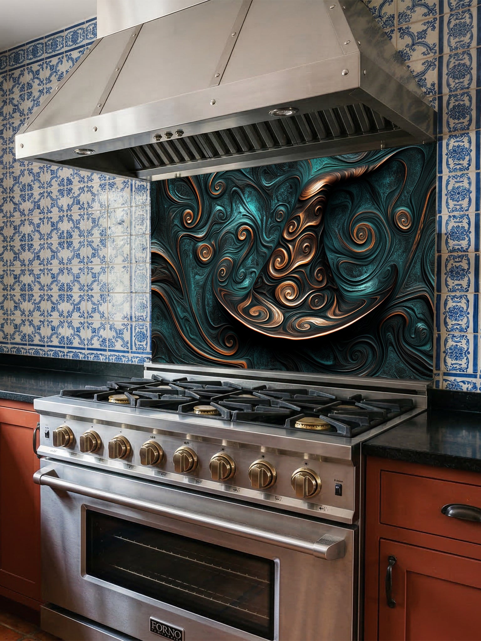 Tempered glass kitchen backsplash featuring a highly realistic 3D illusion of an abstract witch hat formed by smooth, mesmerizing fluid art and fractal swirls in deep teal and metallic copper, installed behind a modern black stove.