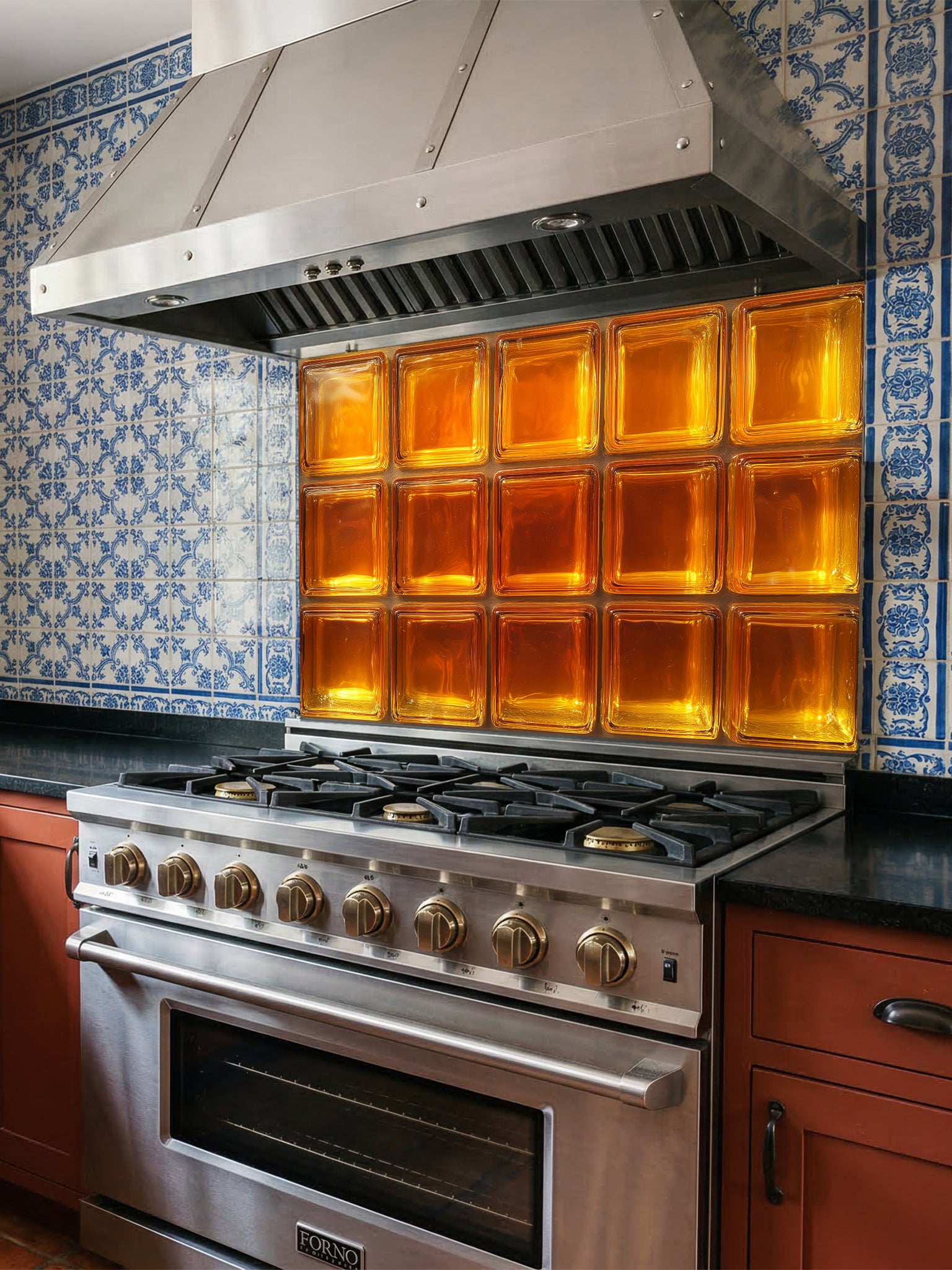 A retro-style kitchen featuring a tempered glass backsplash with a highly realistic faux amber glass block design, giving a warm glowing illusion behind a modern black stove.