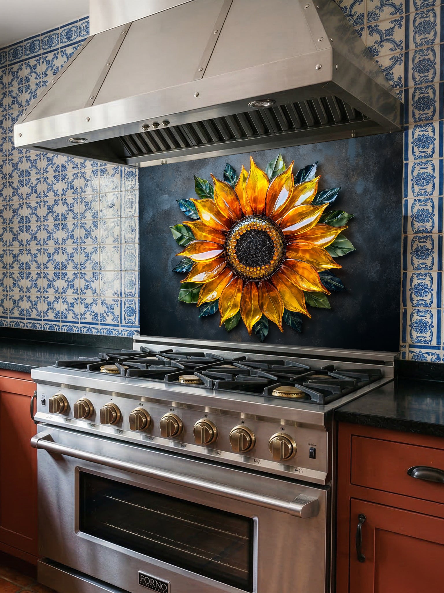 Tempered glass kitchen backsplash featuring a highly realistic 3D illusion of a glowing, translucent blown glass golden sunflower with green leaves against a dramatic dark charcoal background, installed behind a modern stainless steel stove.