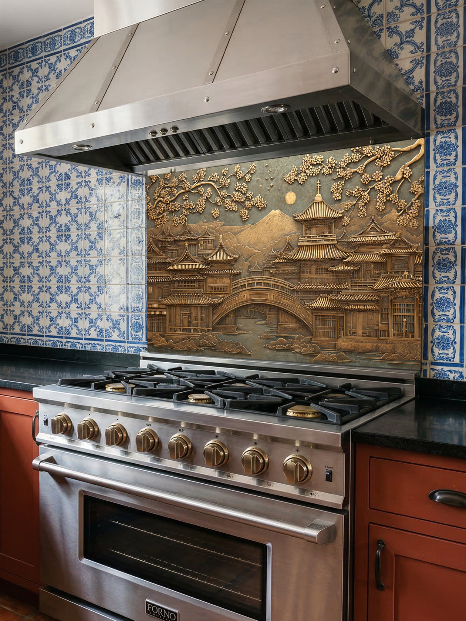 Tempered glass kitchen backsplash featuring a highly realistic 3D faux metal relief of a serene Japanese landscape with a traditional pagoda, bridge, cherry blossom trees, and a distant mountain in antique bronze tones, installed behind a modern stainless steel stove.