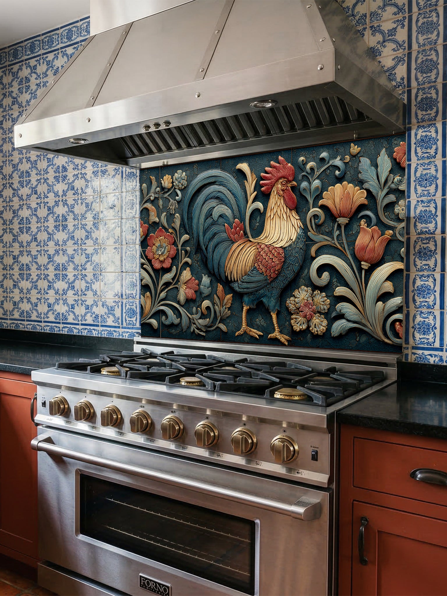 Faux 3D carved relief of a majestic rooster and floral motifs in teal and rust tones, UV printed on a smooth tempered glass kitchen backsplash.