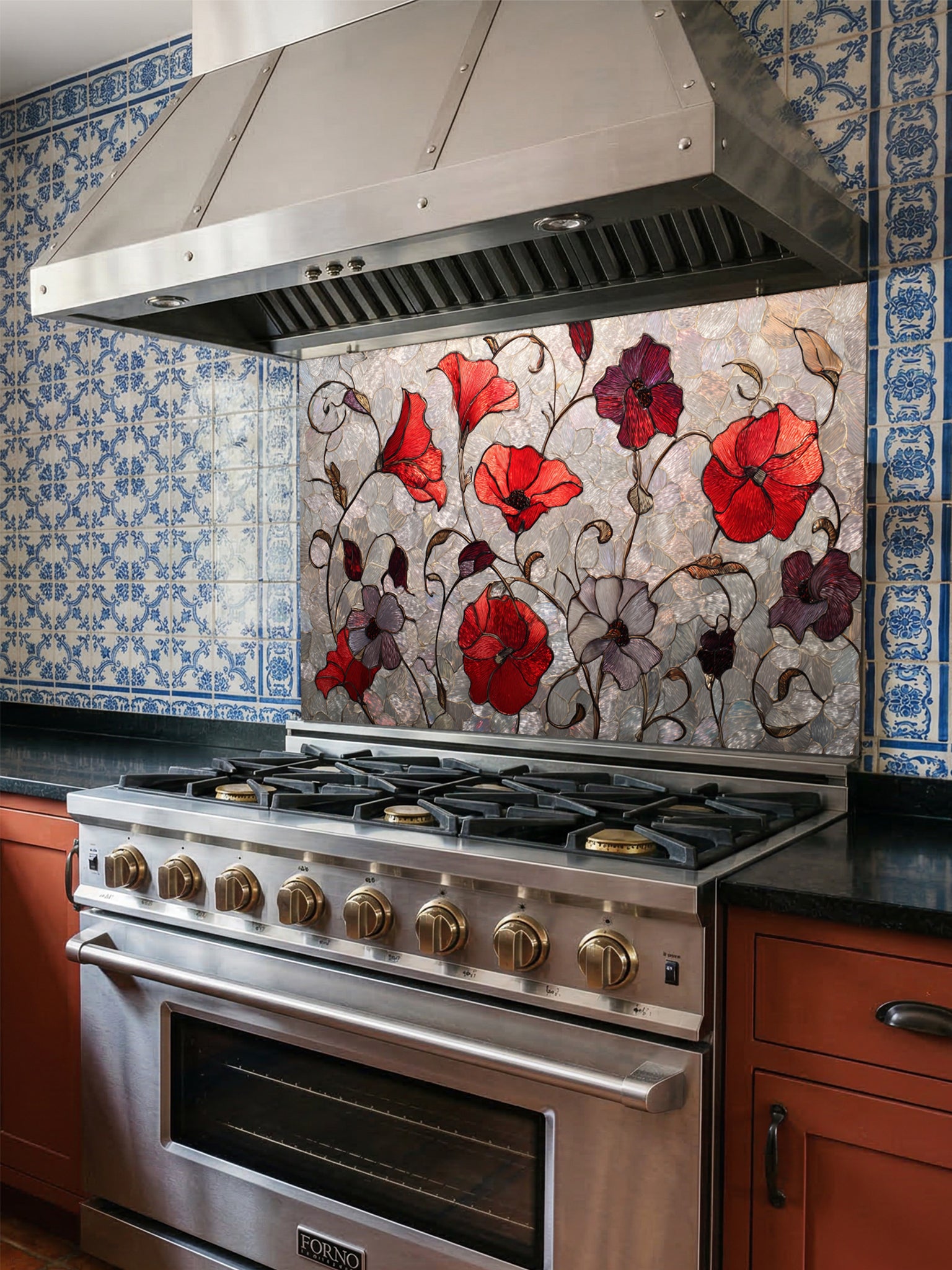 Tempered glass kitchen backsplash featuring a faux stained glass design of vibrant red and purple poppy flowers with elegant curving stems against a textured silver mosaic background, installed behind a modern stainless steel stove.