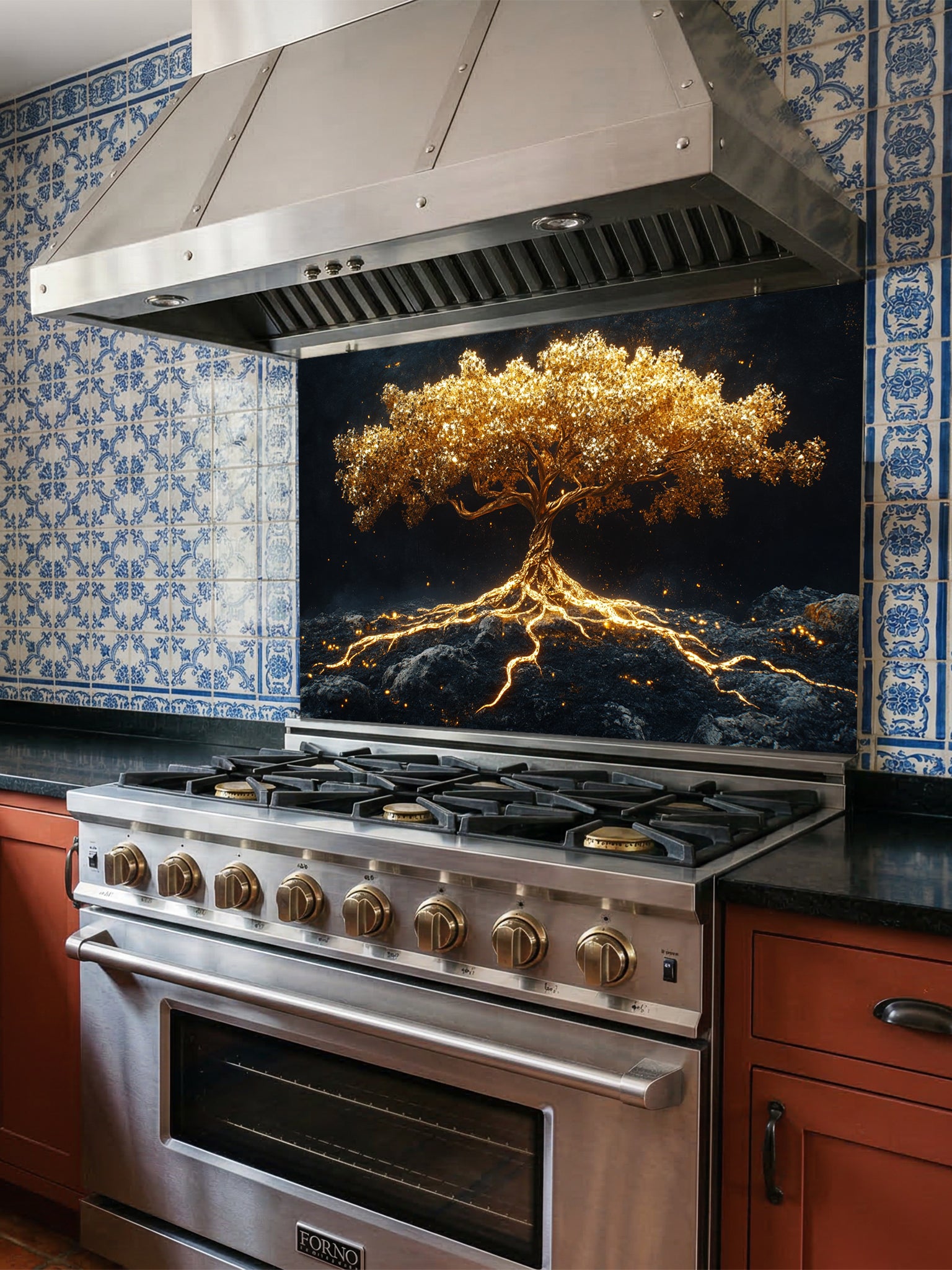 Faux glowing golden tree of life with illuminated roots on a dark mystical background, UV printed on a smooth tempered glass kitchen backsplash.
