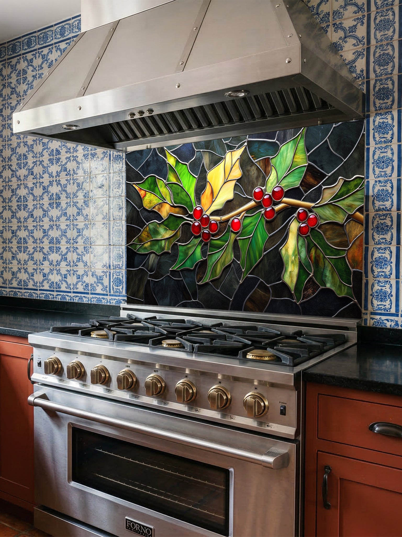Tempered glass kitchen backsplash featuring a highly realistic 3D illusion of stained glass art showing a winter branch with vibrant green and yellow holly leaves and glowing red berries against a dark textured background, installed behind a modern black stove.