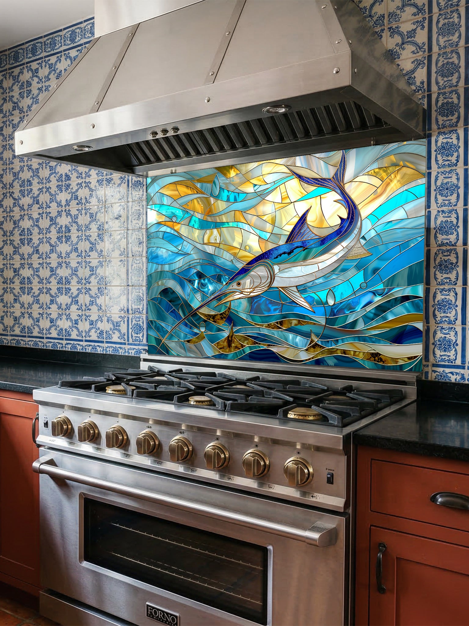 Tempered glass kitchen backsplash featuring a highly realistic 3D illusion of stained glass art showing a majestic blue marlin leaping through swirling ocean waves in vibrant blues and glowing amber tones, installed behind a modern stainless steel stove.
