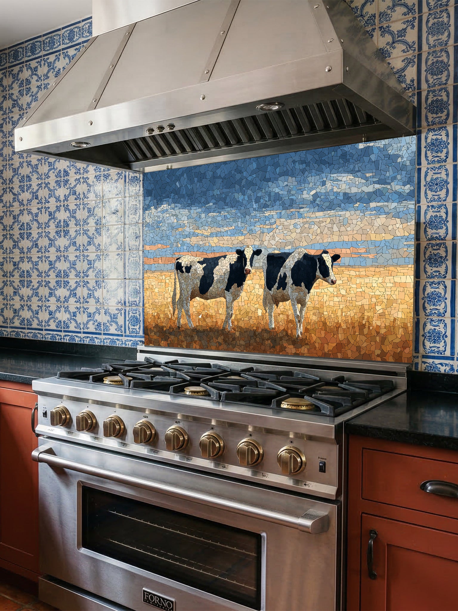 Faux mosaic tile art of black and white cows standing in a golden pasture under a blue sky, UV printed on a smooth tempered glass kitchen backsplash, installed behind a modern stove.