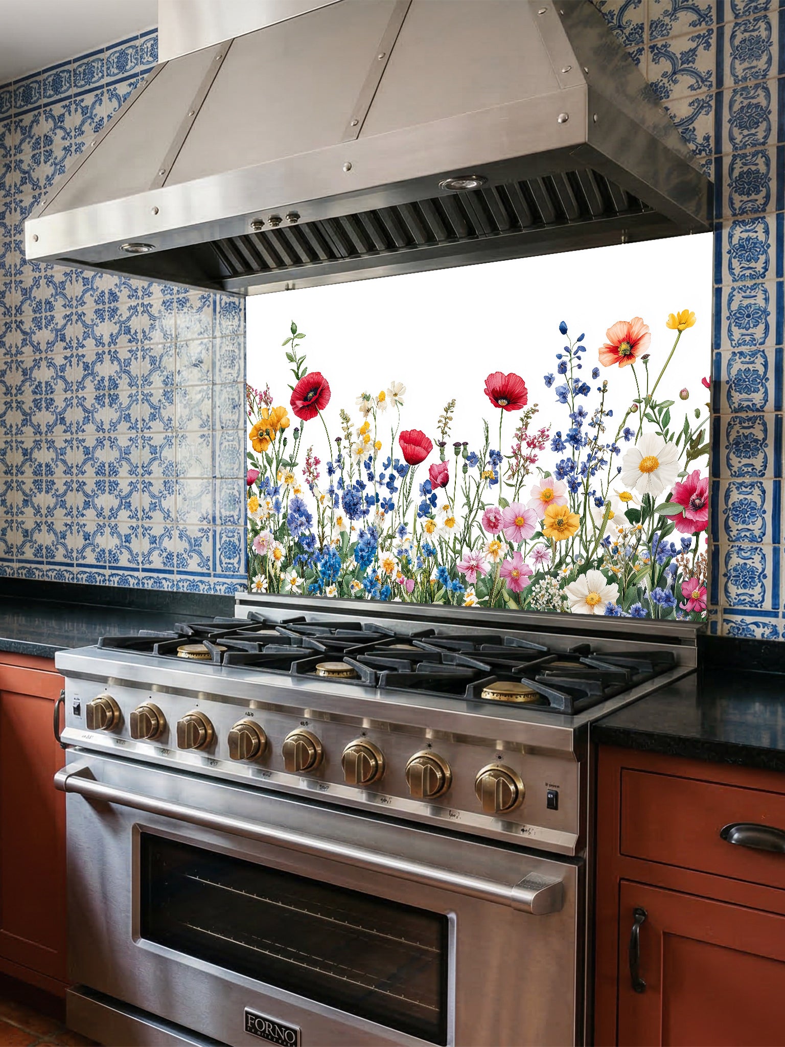 A bright kitchen featuring a tempered glass backsplash with a vibrant botanical illustration of a colorful wildflower meadow on a crisp white background, installed behind a modern stainless steel stove.