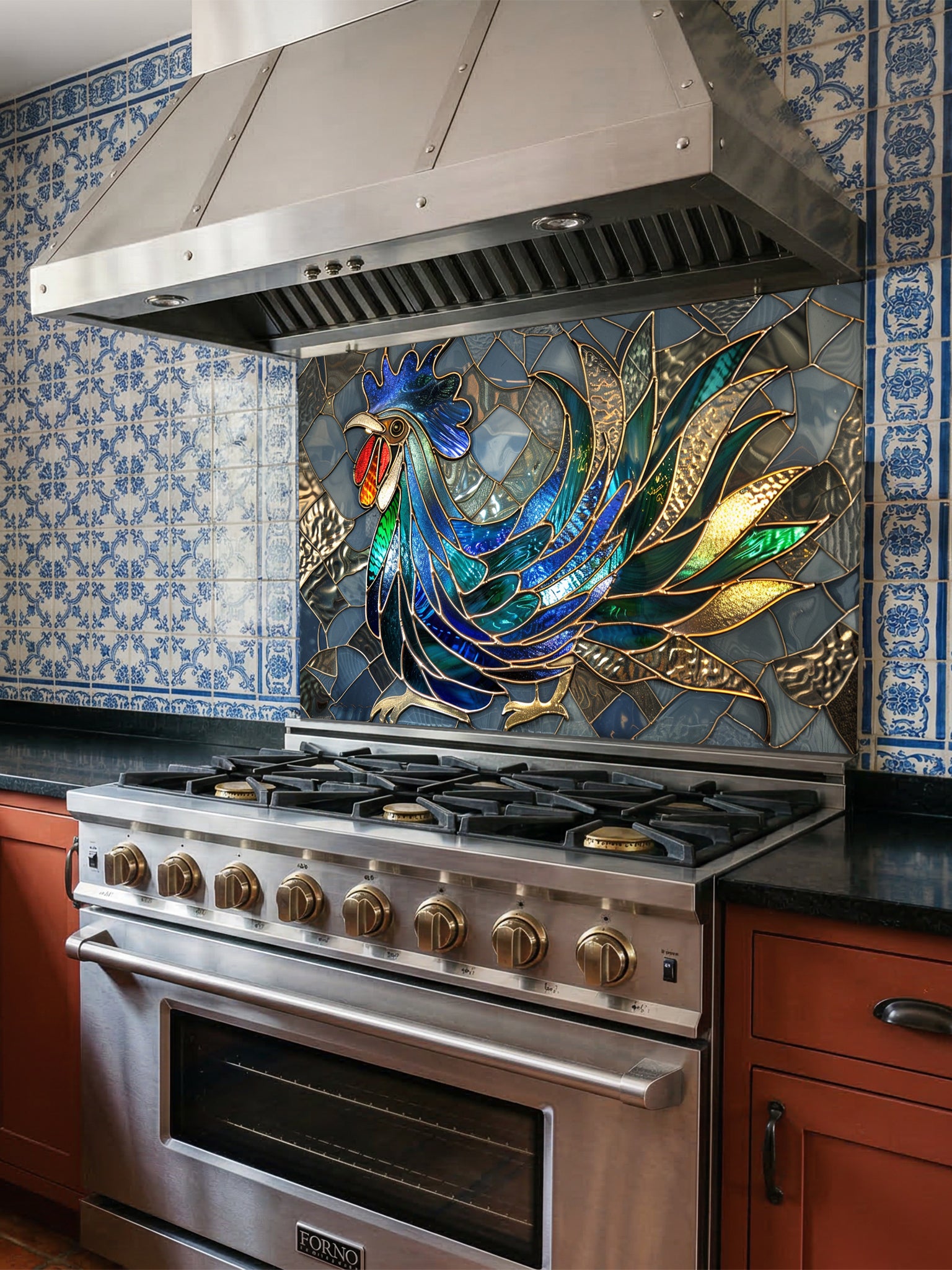 Faux stained glass pattern featuring a vibrant blue, green, and gold rooster against a grey mosaic background, UV printed on a smooth tempered glass kitchen backsplash.