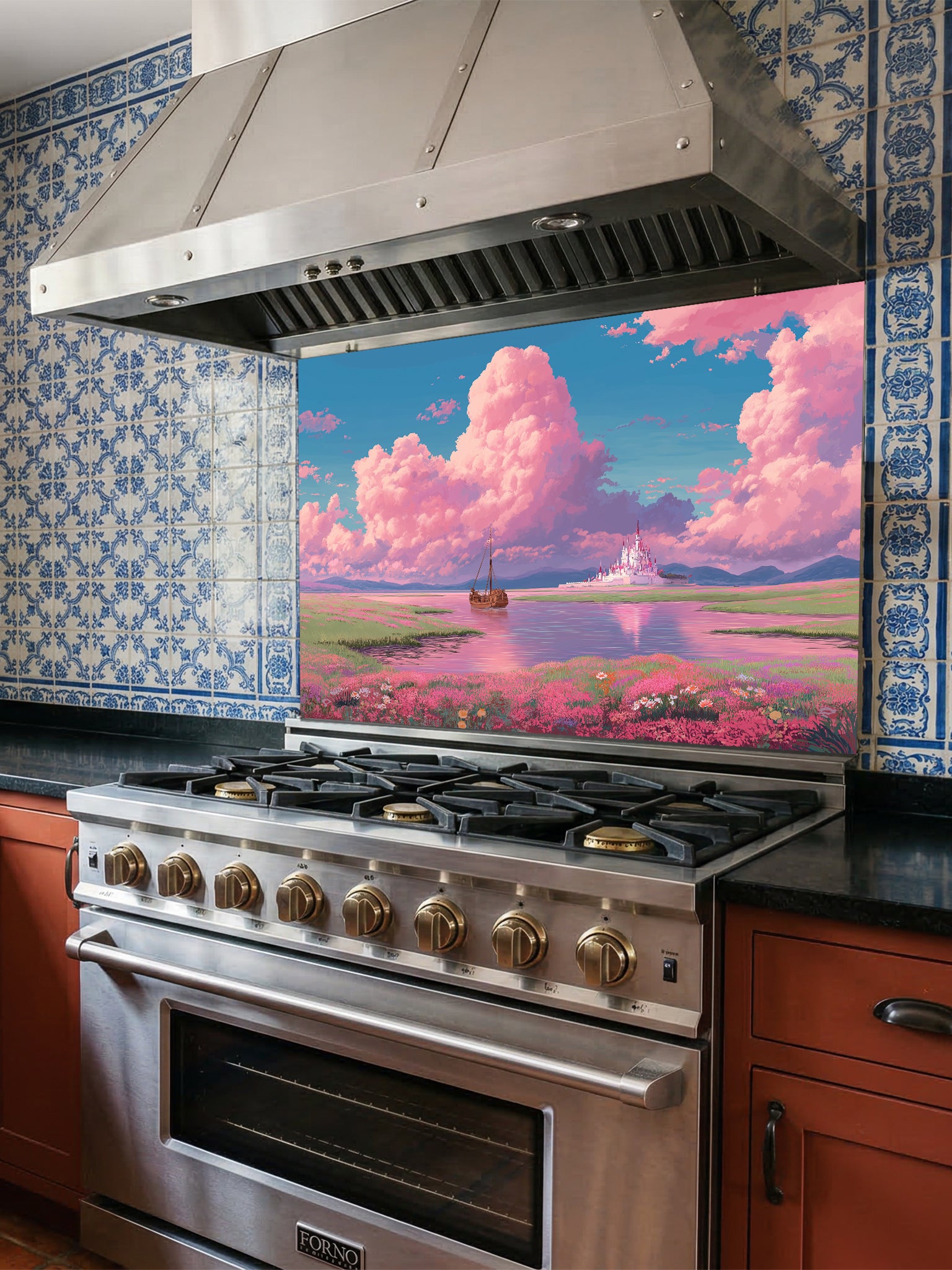 Anime style fantasy landscape with fluffy pastel pink clouds, a sailboat on a calm river, and a distant magical white castle, UV printed on a smooth tempered glass kitchen backsplash.