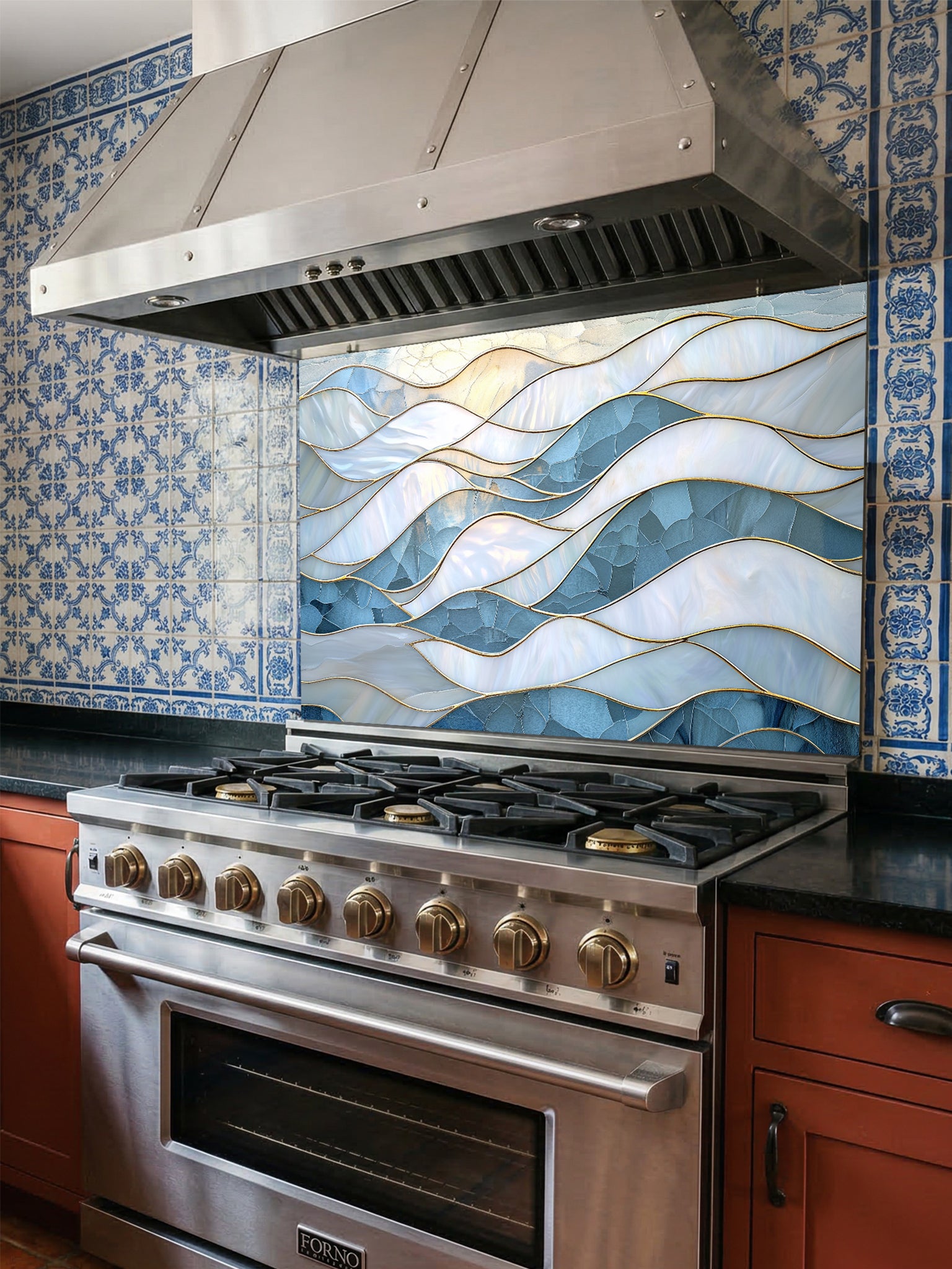 Tempered glass kitchen backsplash featuring a serene faux stained glass design of layered, flowing waves in icy blue and pearlescent white, separated by elegant gold outlines, installed behind a modern stainless steel stove.