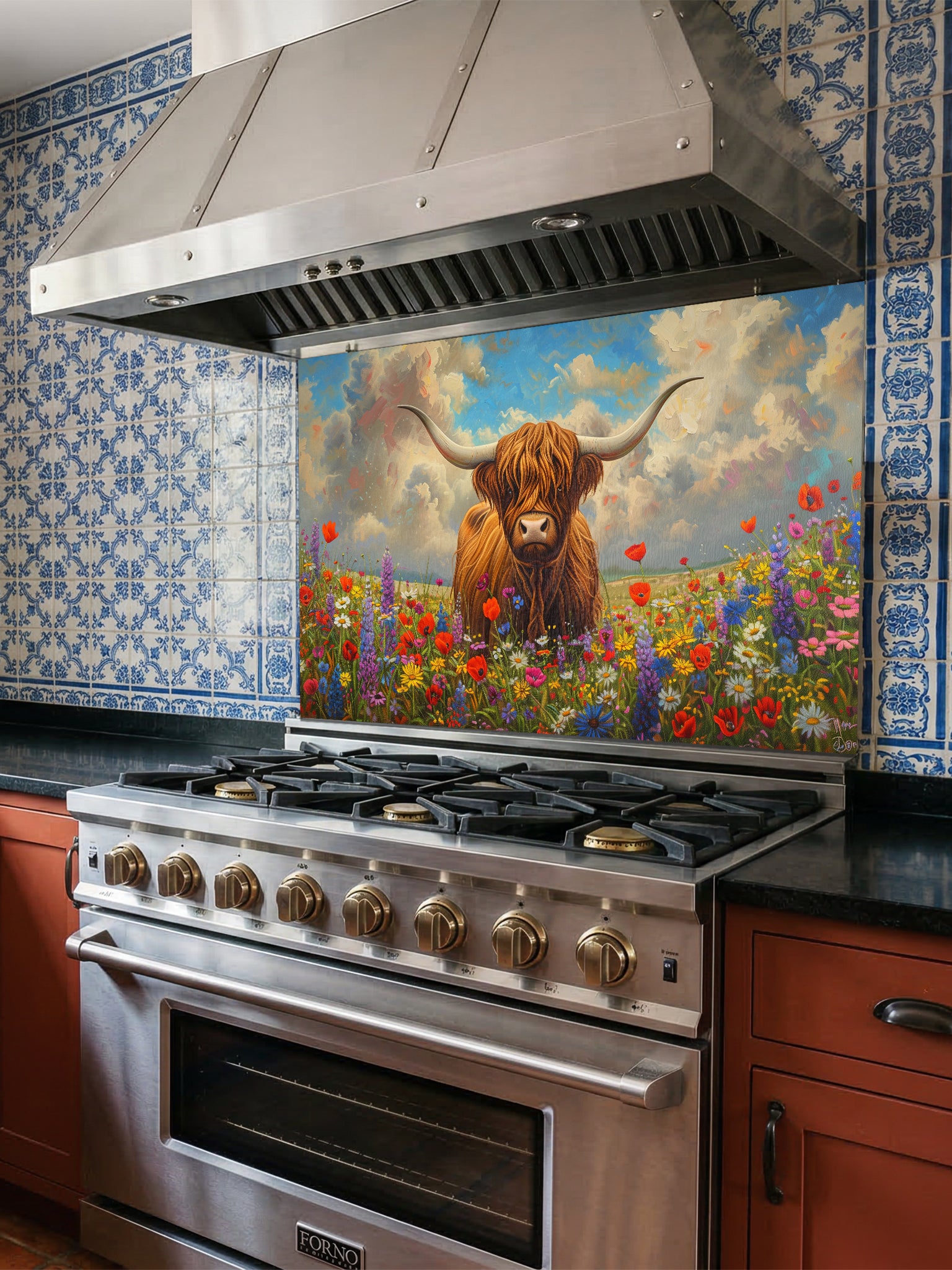 Tempered glass kitchen backsplash featuring a highly realistic 3D illusion of an oil painting showing a majestic brown Highland cow standing in a vibrant meadow of red, purple, and yellow wildflowers under a cloudy sky, installed behind a modern black stove.