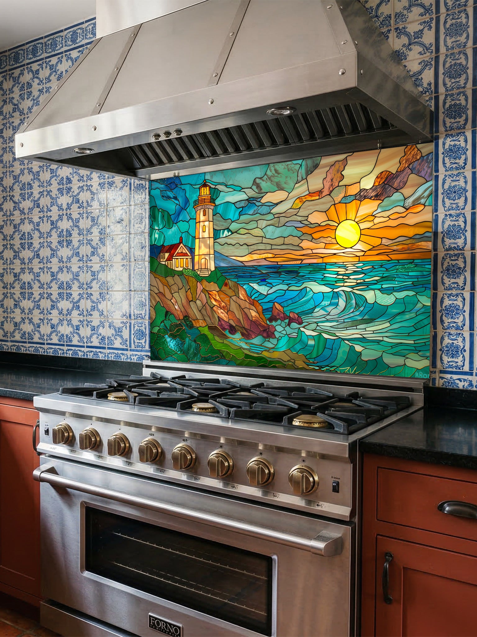 Stained glass style coastal landscape with a lighthouse on a rocky cliff and a vibrant ocean sunset, UV printed on a smooth tempered glass kitchen backsplash, installed behind a modern stove.